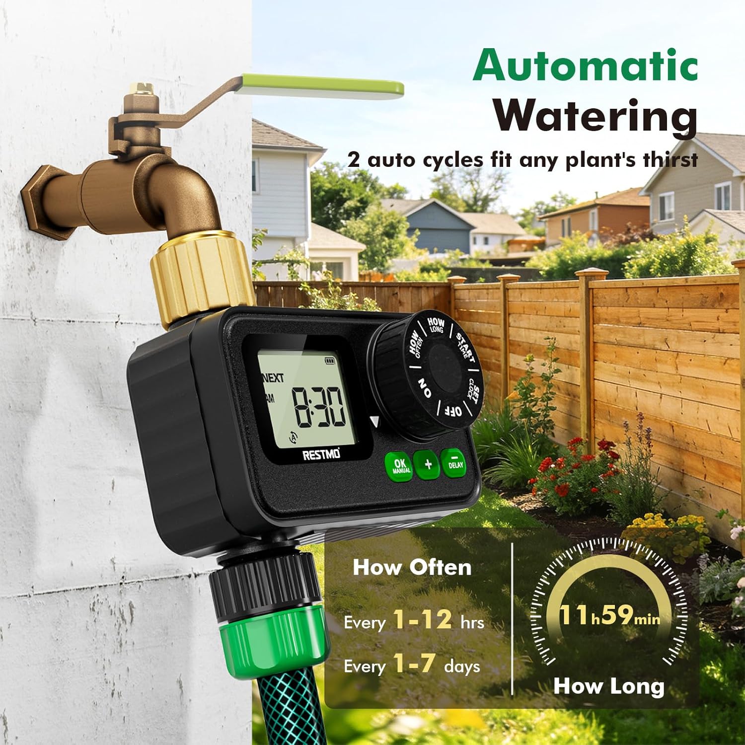 Thumbnail 1 de RESTMO Sprinkler Timer for Outdoor Hose Faucet with Brass Inlet – 11h59m Programmable Watering