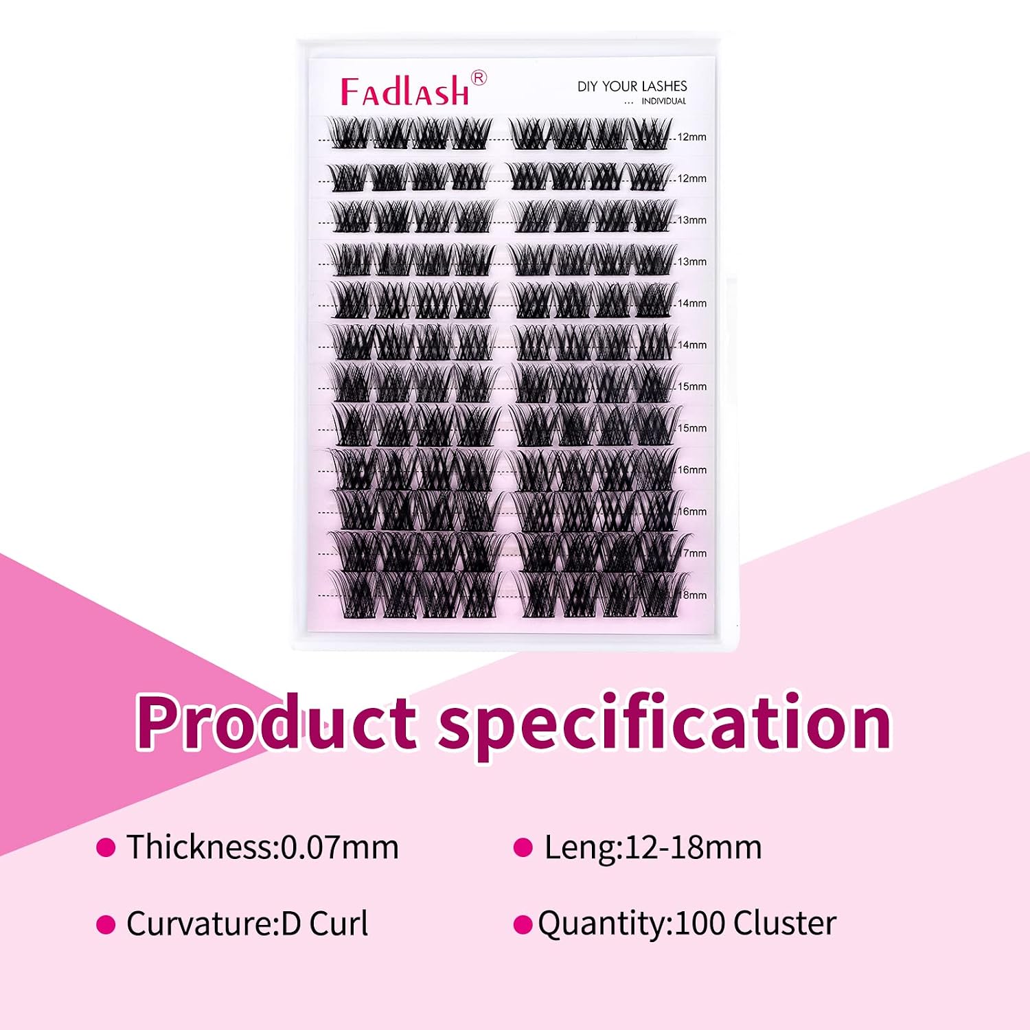Detalle de Fadlash Individuelle Wimpern Extensions – 96 Büschel, 0.07 D Curl, 12–18 mm, DIY Wimpernverlängerung