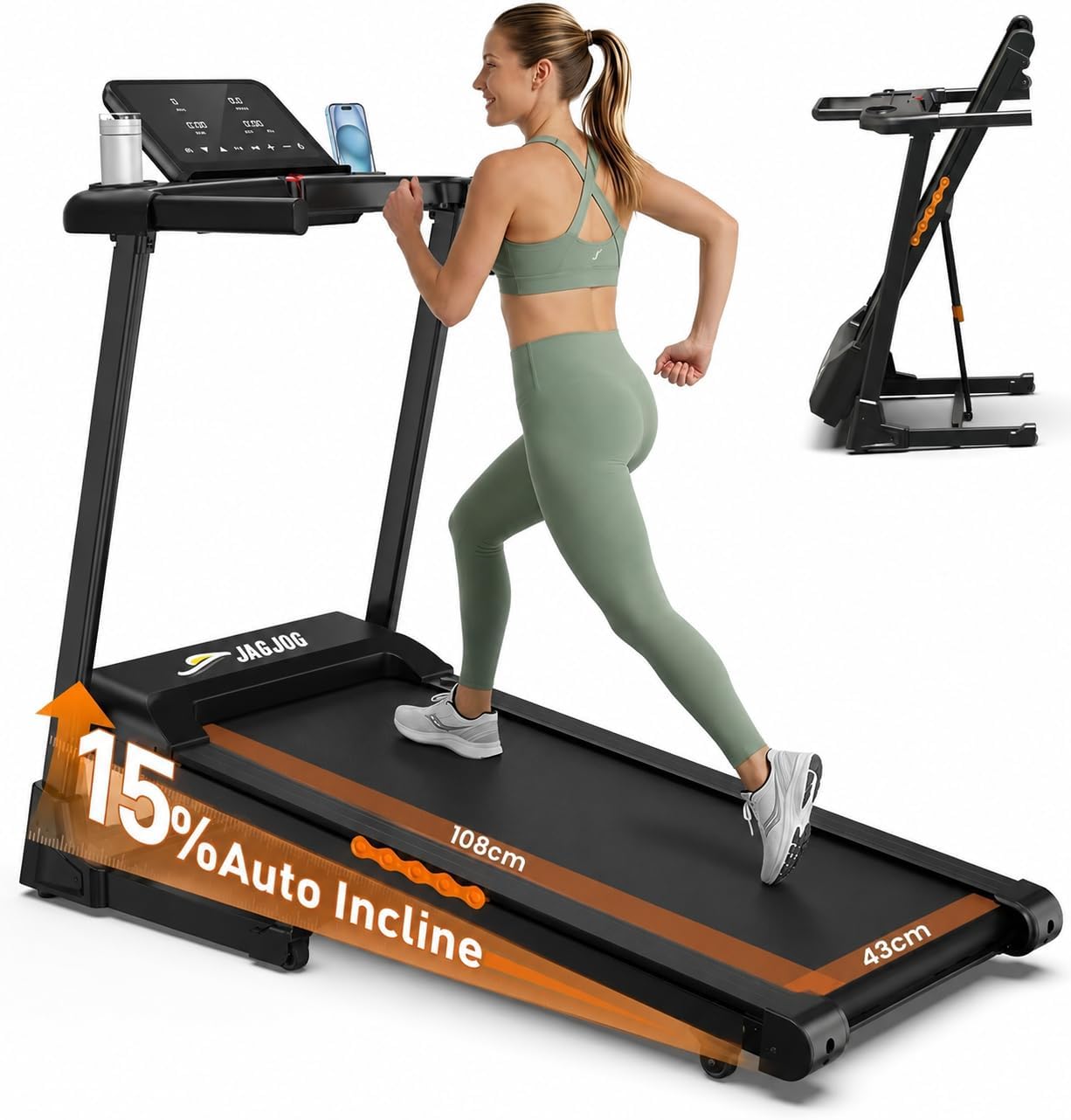 Detalle de JAGJOG 15% Auto Incline Foldable Treadmill, 14 km/h, 3.0 HP Motor
