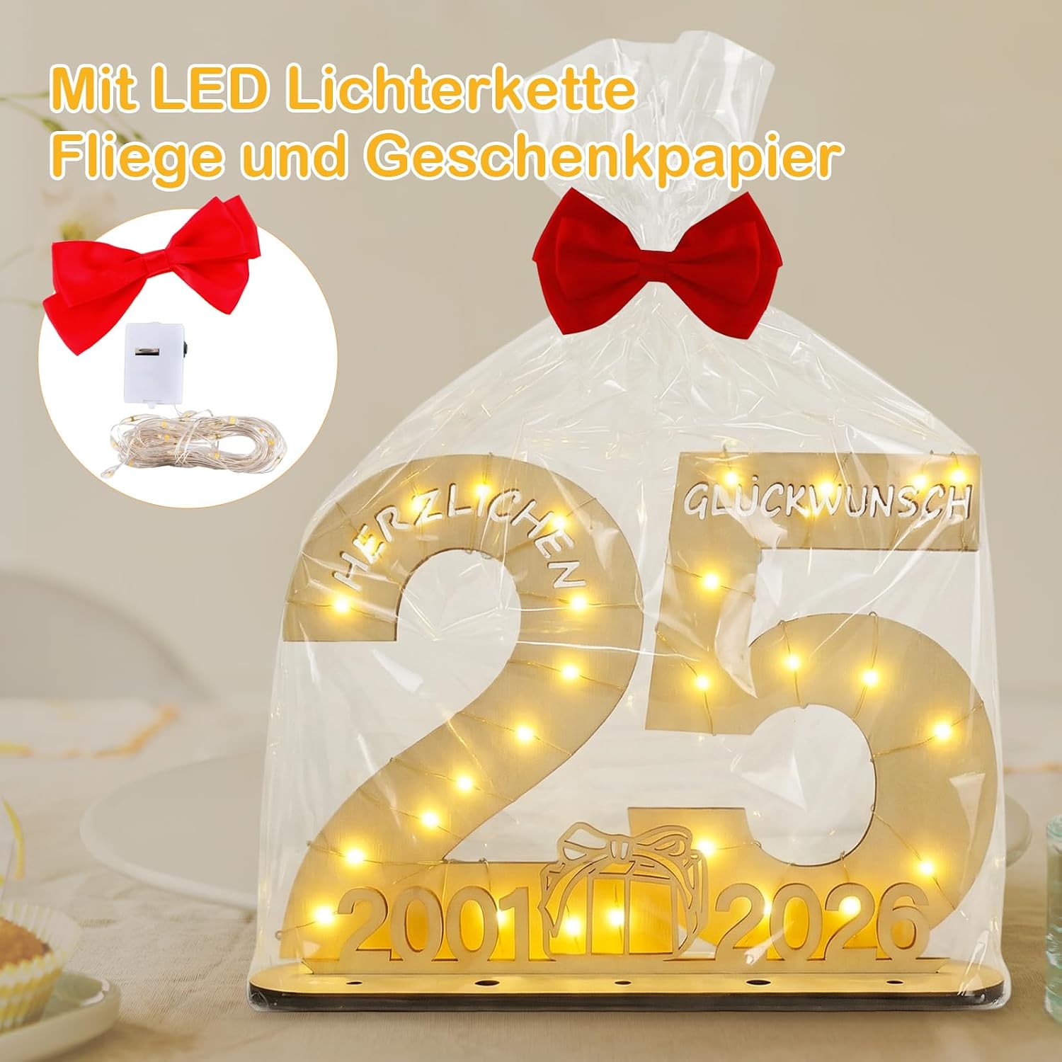 Thumbnail 5 de Seutgjie Geschenk zum 25. Geburtstag (2001–2026) mit LED-Lichterkette und Holzschild
