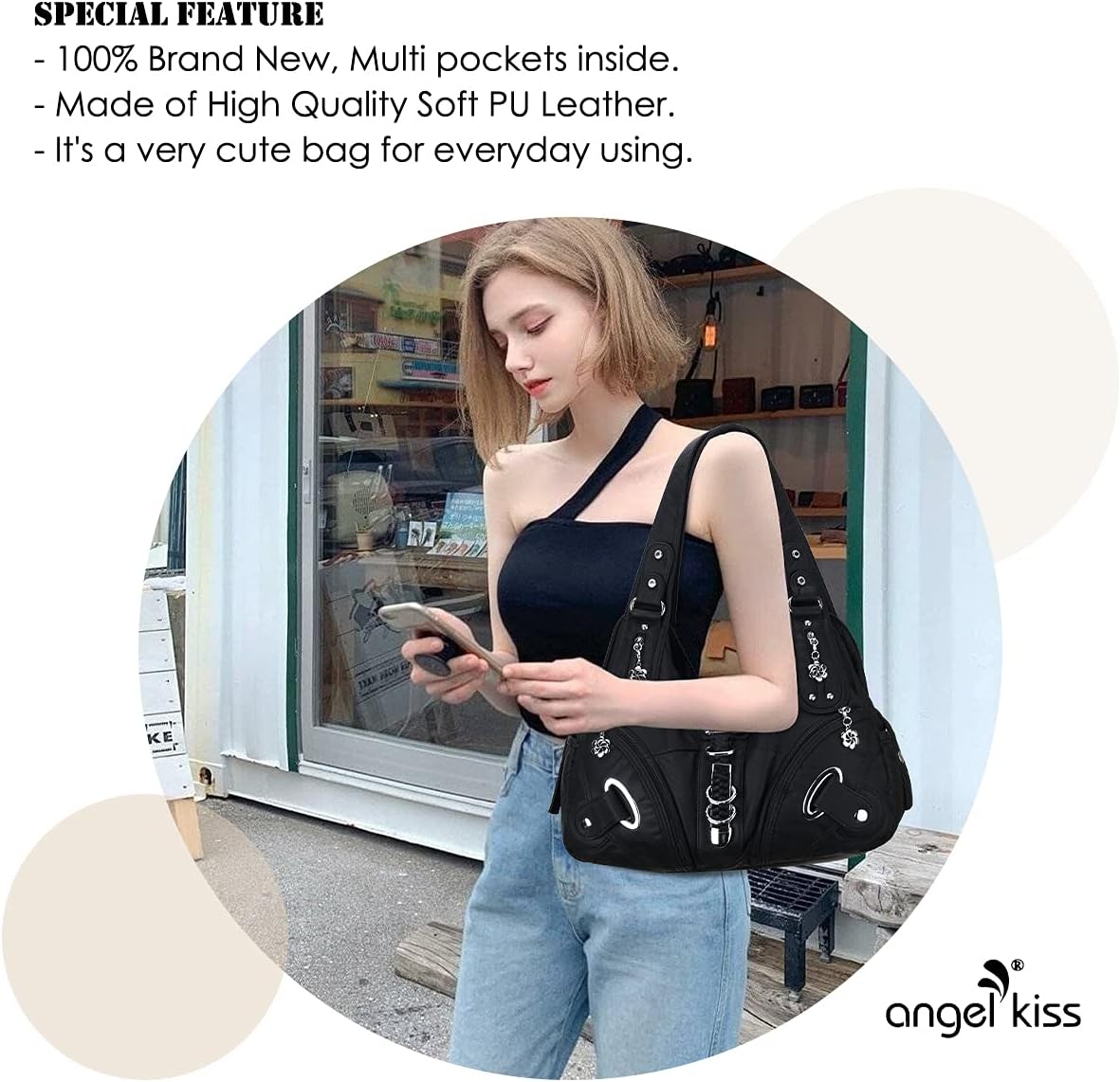 Detalle 2 de Angelkiss Large Hobo Satchel Handbag for Women (Washed PU Leather)