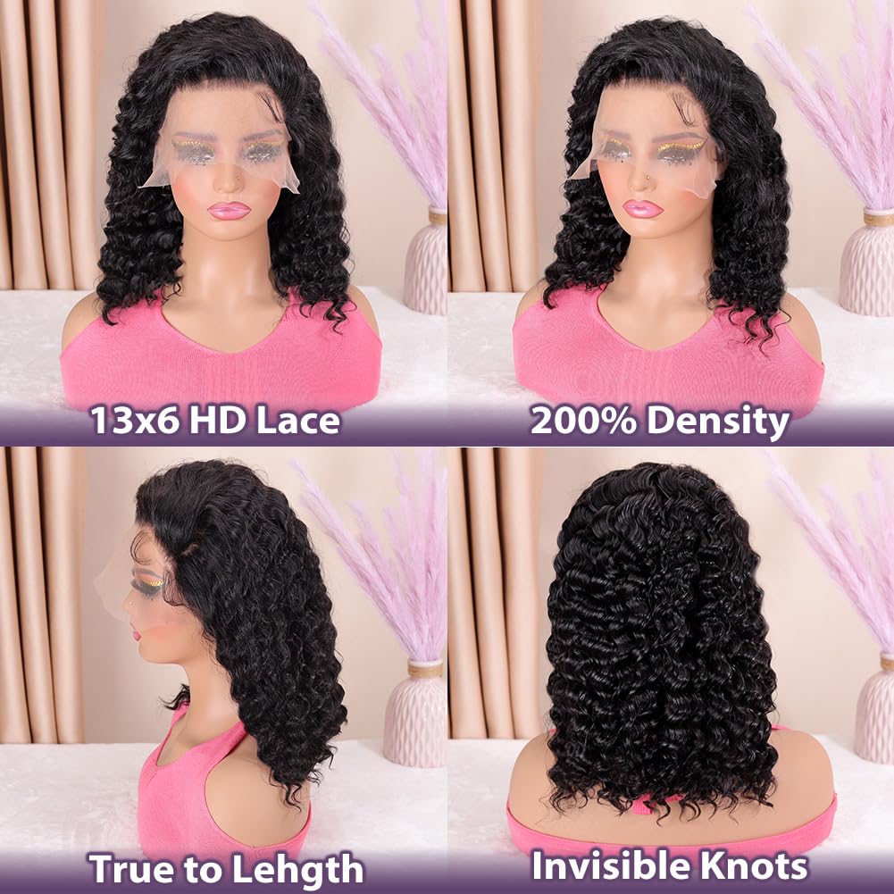 Detalle de Hihmarm Curly Bob Wig (13x6 HD Lace) 100% Human Hair Deep Wave, Glueless Short Bob Wig, 14 Inch