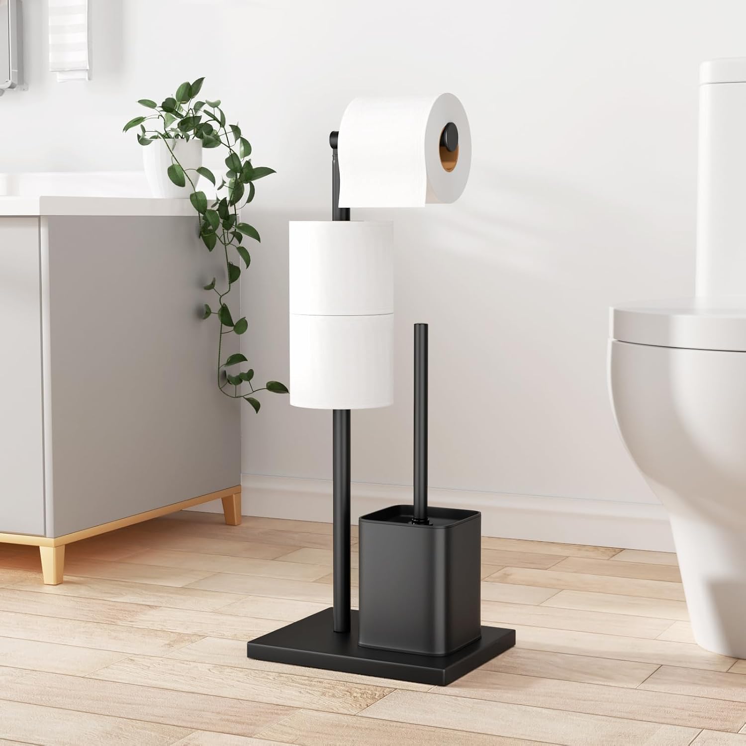 Thumbnail 6 de Susswiff Piantana portarotolo e scopino WC in acciaio inox Nero, con base stabile e supporto per 2 rotoli