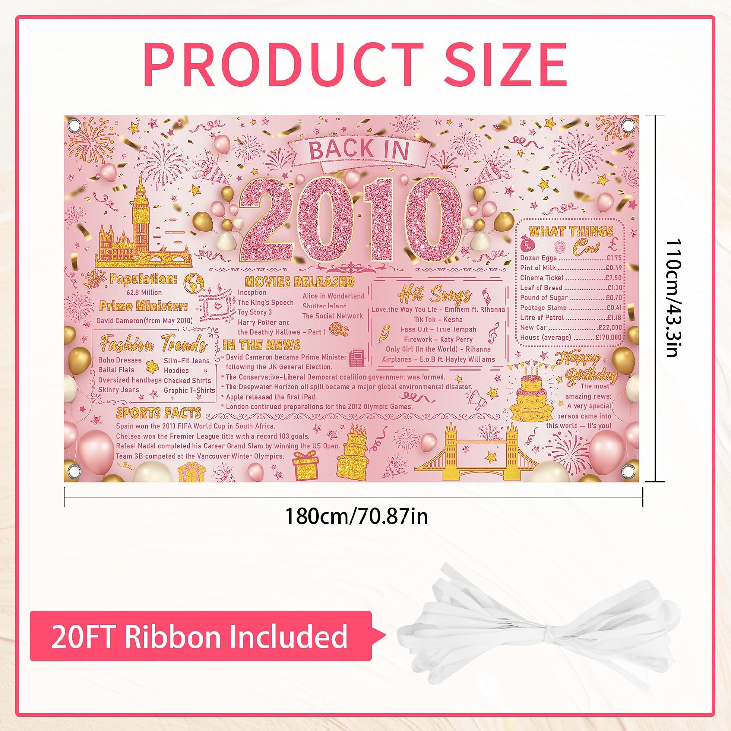 Detalle 2 de Sweet 16 Birthday Decorations for Girls: Pink Gold 2010 Backdrop Banner (110 x 180 cm)