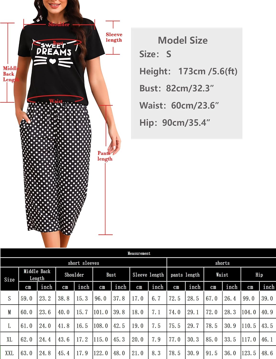 Detalle 2 de Ensemble de pyjama femme Uniexcosm en coton : manches courtes imprimé, col rond et pantalon 3/4
