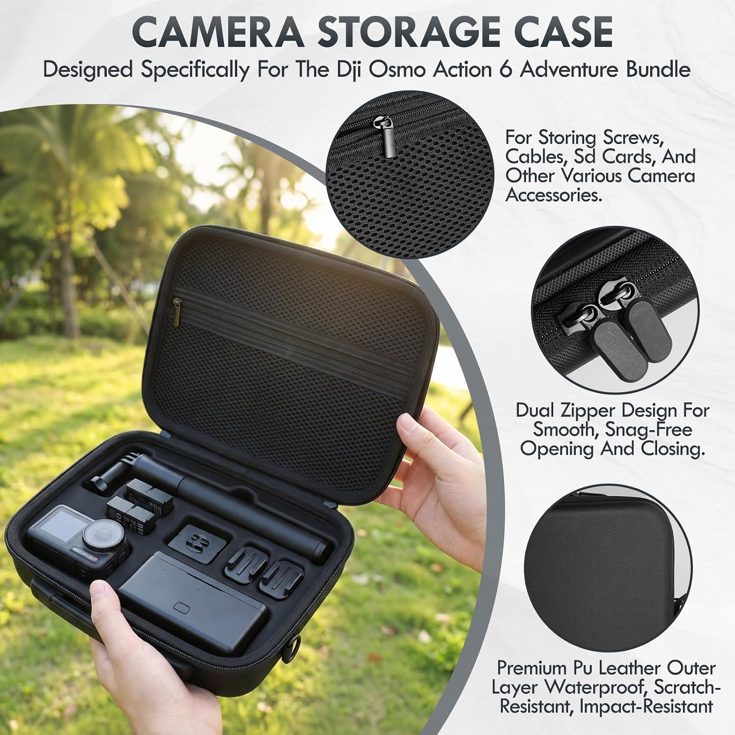 Detalle 2 de INQUIRLLY ST-08006 draagtas voor DJI Osmo Action 6, zwart PU-leer met schouderriem