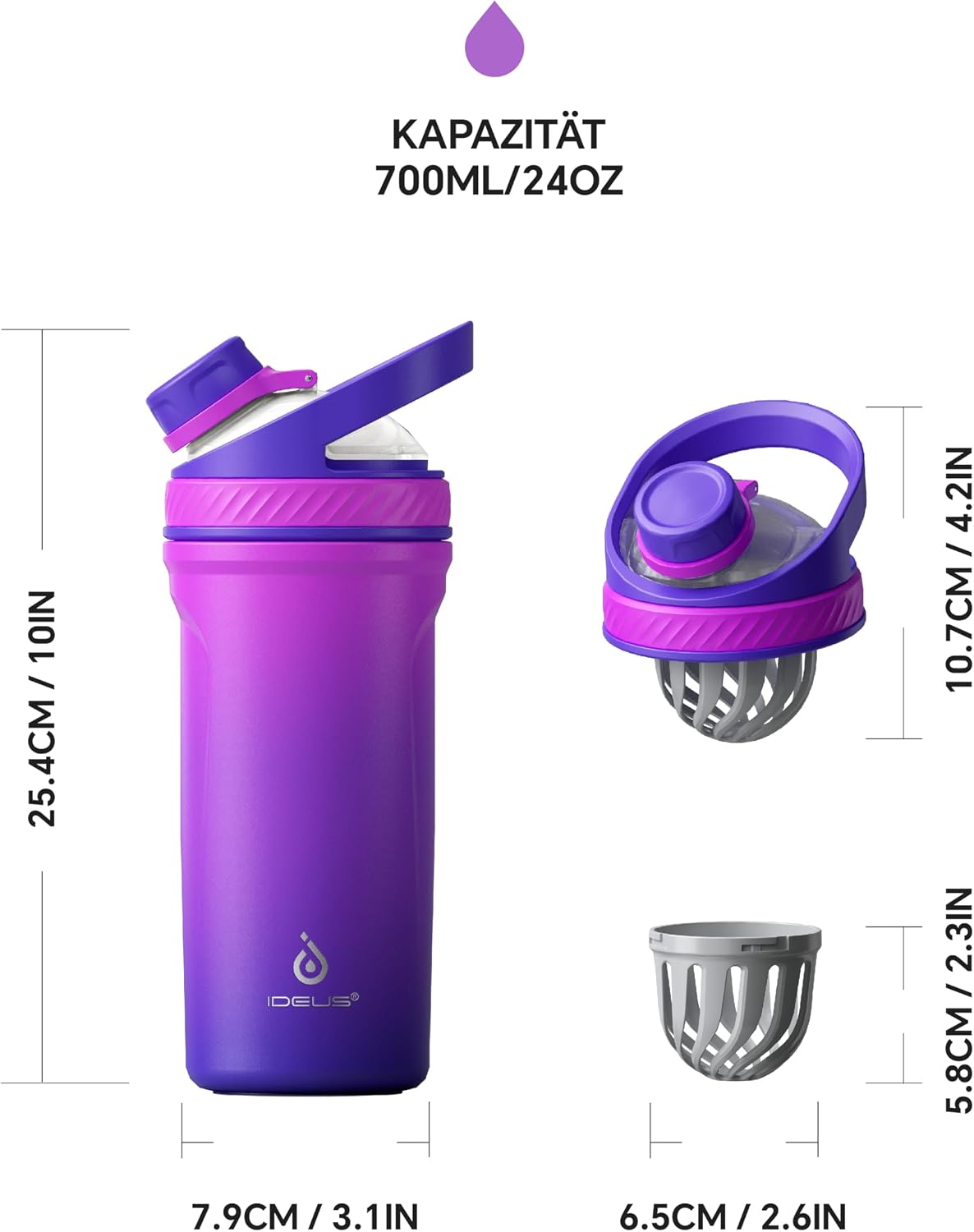 Detalle de Ideus Shaker Protein Trinkflasche 700ml – Doppelwandig Edelstahl, BPA-frei, auslaufsicher