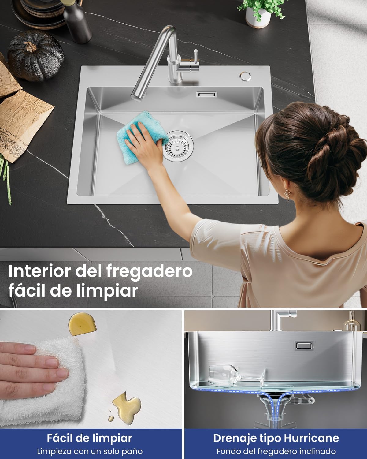 Detalle de Sofetiy Lavello da cucina 60 x 45 cm in acciaio inox SUS 304 con 2 fori per rubinetto e sifone, sotto-piano moderno