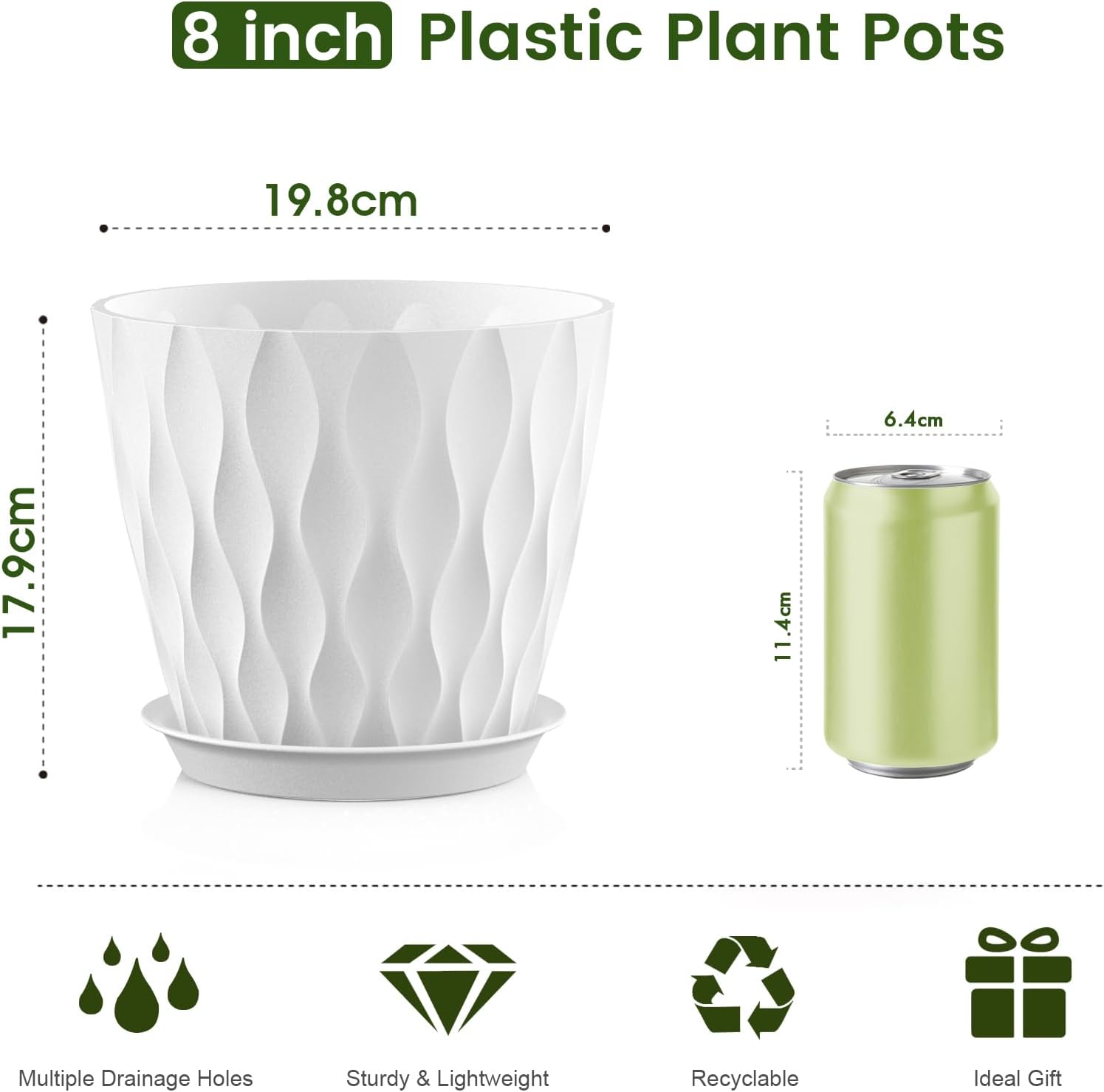 Thumbnail 1 de WSMKSZ 20 cm Plant Pots – 5 Pack with Drainage Holes and Saucers, 3D Wave Texture