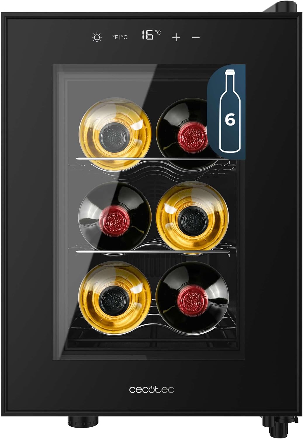 Detalle de Cecotec Vinoteca 6 Botellas Bolero GrandSommelier 600 CoolCrystal E. Estantes Metálicos – Negro
