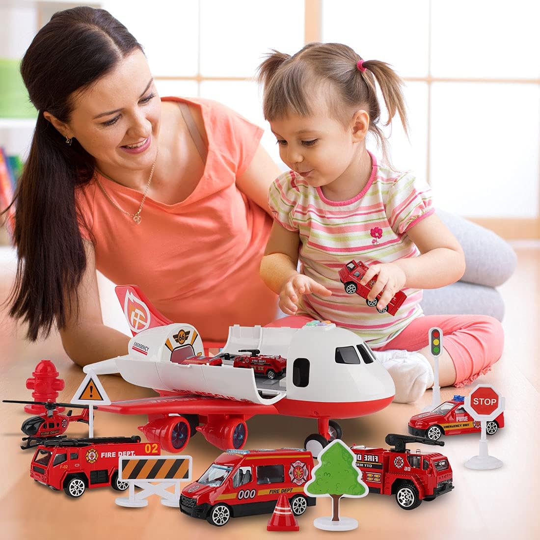 Thumbnail 4 de Dwi Dowellin Airplane Toy with Fire Truck Cars and Play Mat
