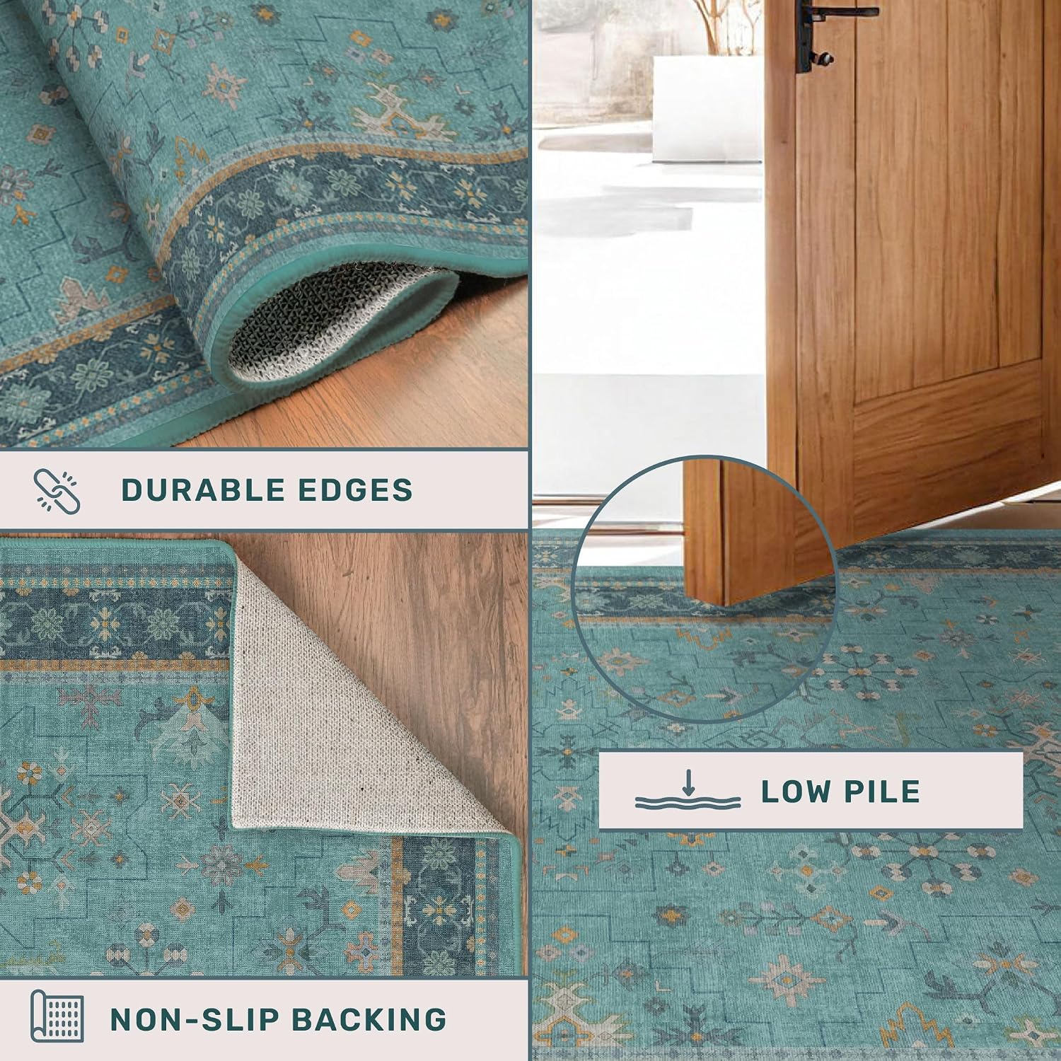 Thumbnail 4 de Teal 7x10 Large Rug Washable Floral Pattern