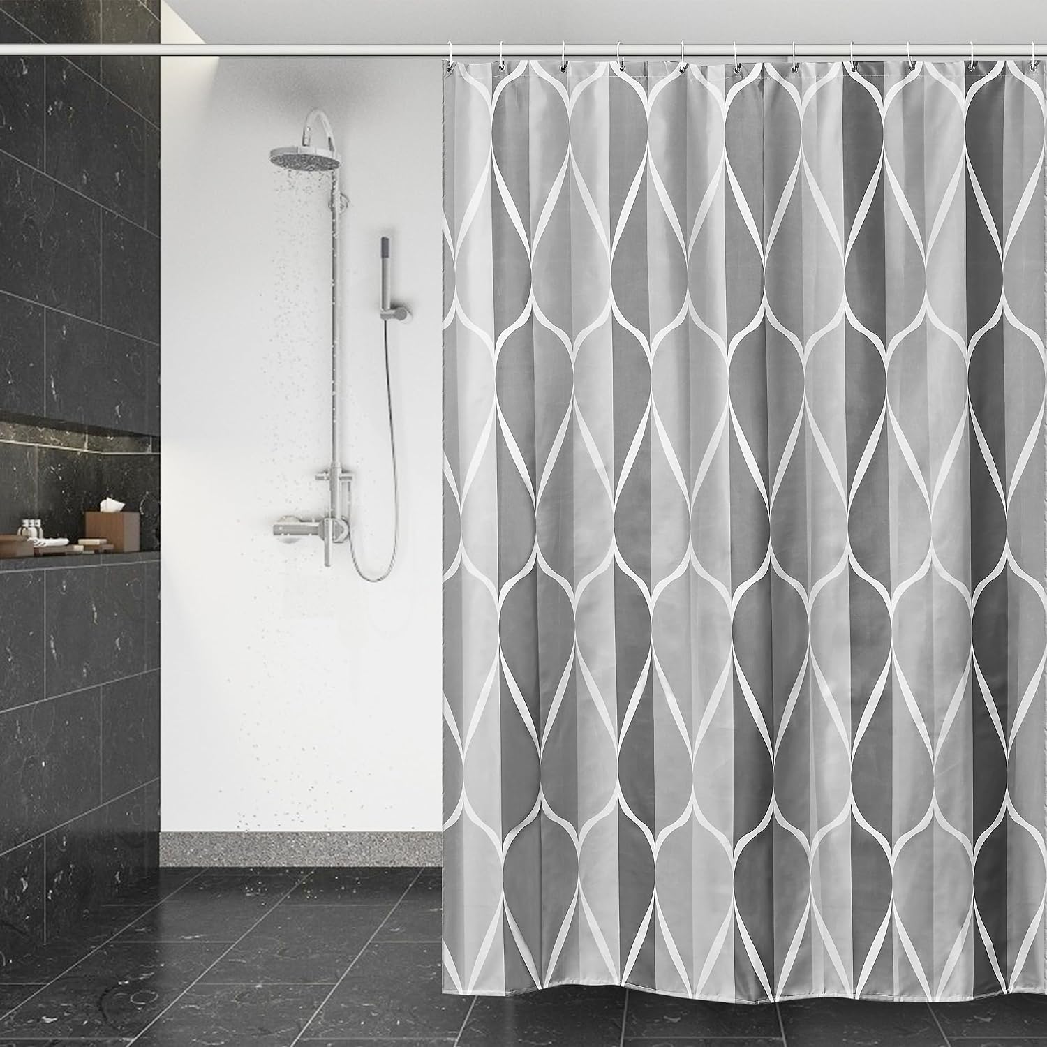Detalle de DUFU Rideau de douche à séchage rapide en polyester imperméable 180x200 cm avec 12 crochets (gris vagues)