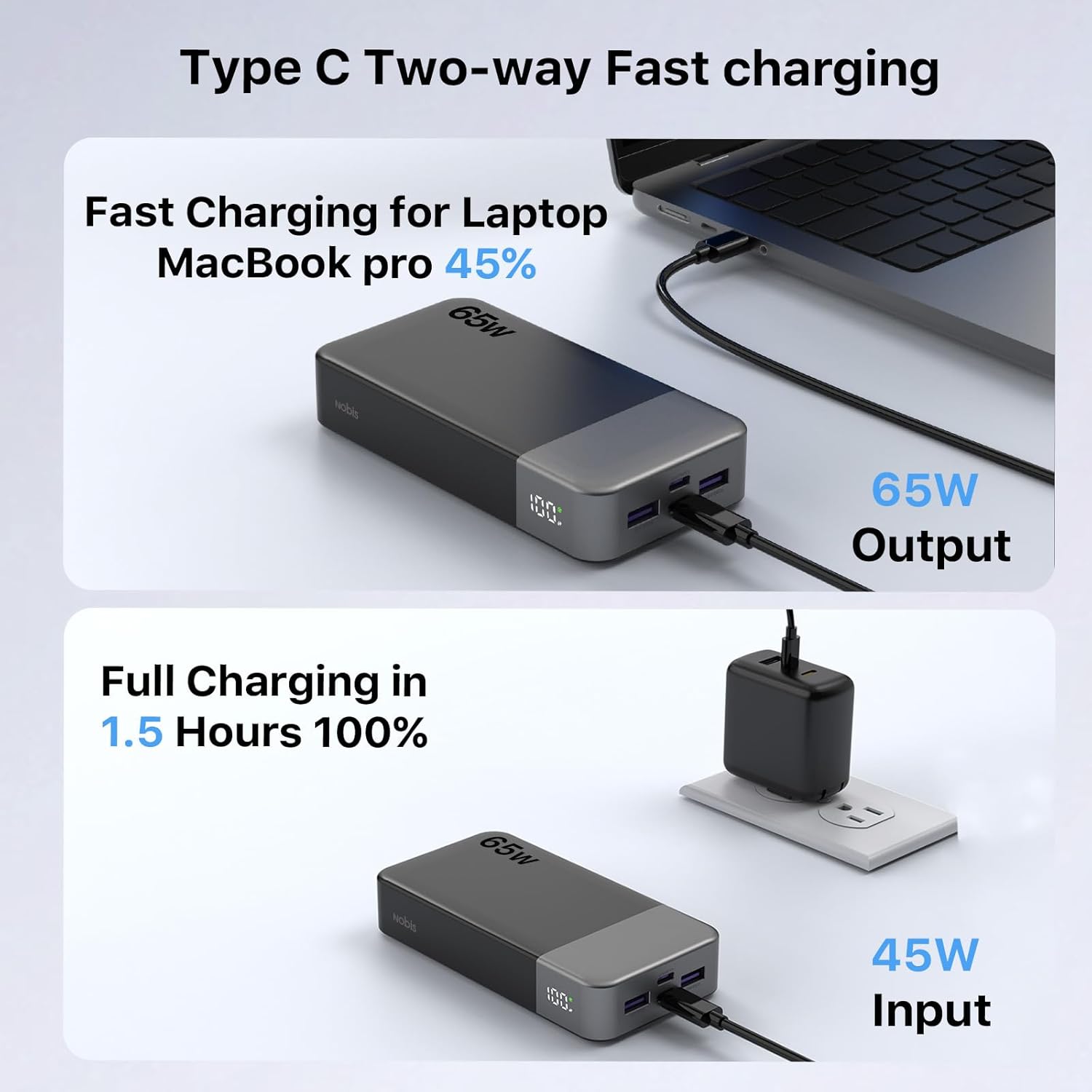 Thumbnail 5 de NOBIS 65W Batterie Externe 20000mAh – Power bank charge rapide PD/QC 4 ports avec écran