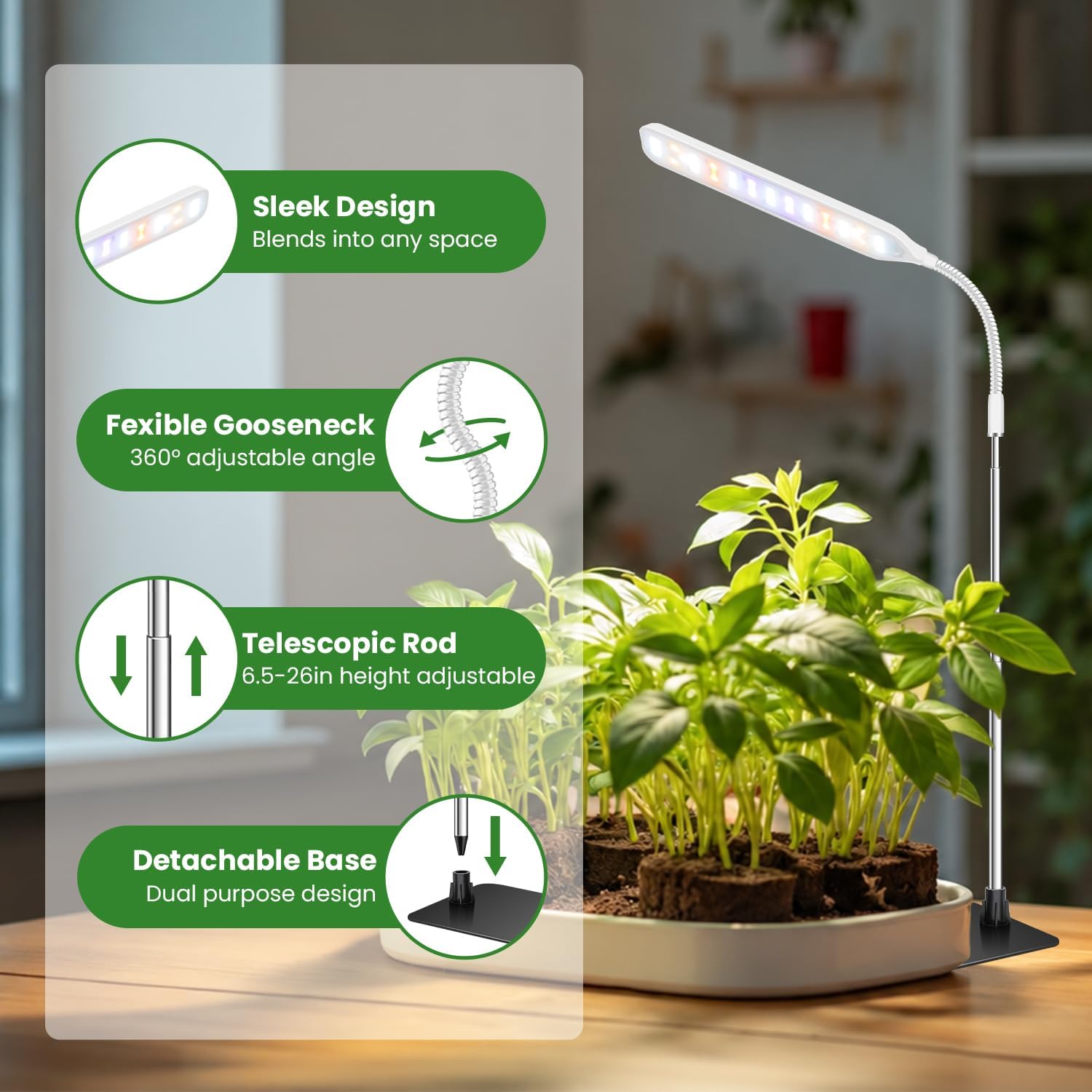Detalle de Wolezek ZY-M10A Indoor Grow Lights, 52 LEDs, Timer, Adjustable Gooseneck, 3-Pack