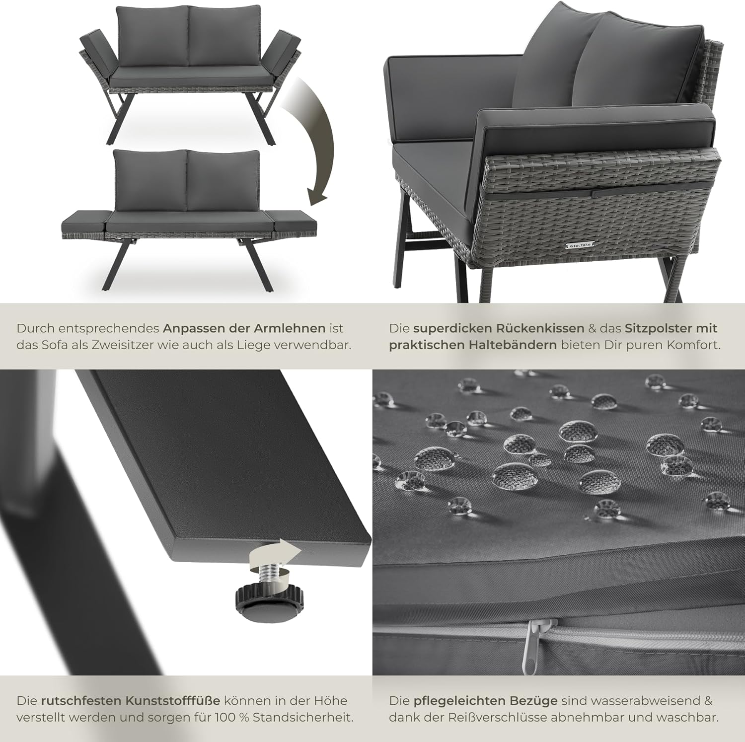Detalle de tectake Rattan Loungesofa und Sonnenliege – 2-in-1 Gartenmöbel aus Polyrattan, grau
