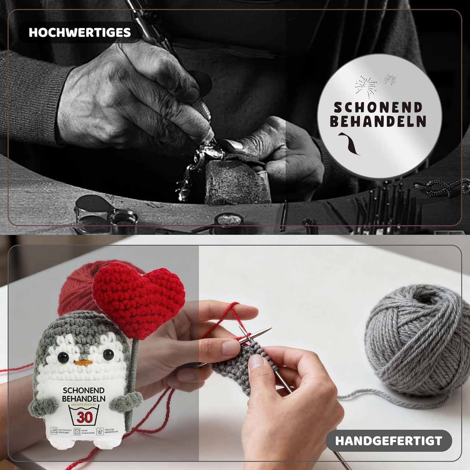 Detalle 2 de ZIENZENGYA 30 Geburtstagsgeschenk – gestrickter Pinguin mit Grußkarte und Edelstahl-Anhänger