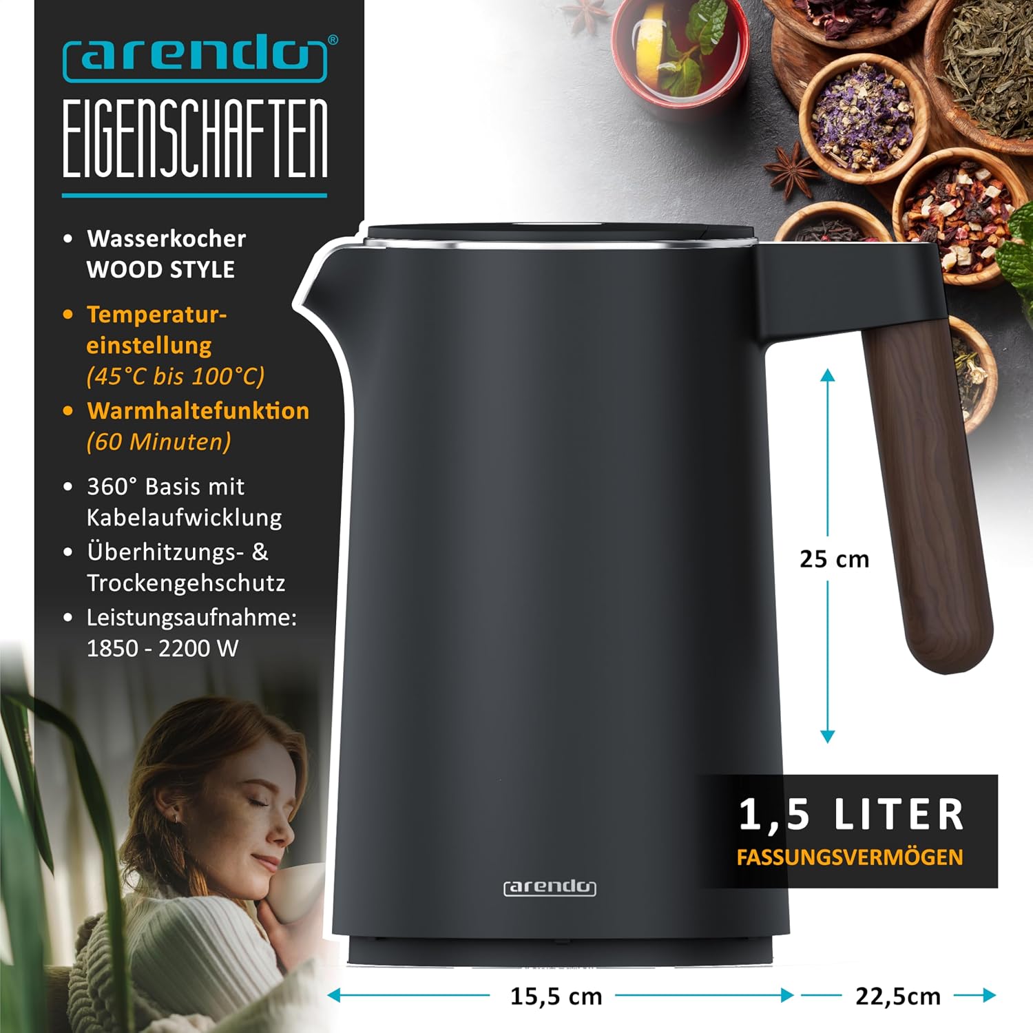 Detalle 2 de Arendo Wasserkocher Edelstahl 1,5 l