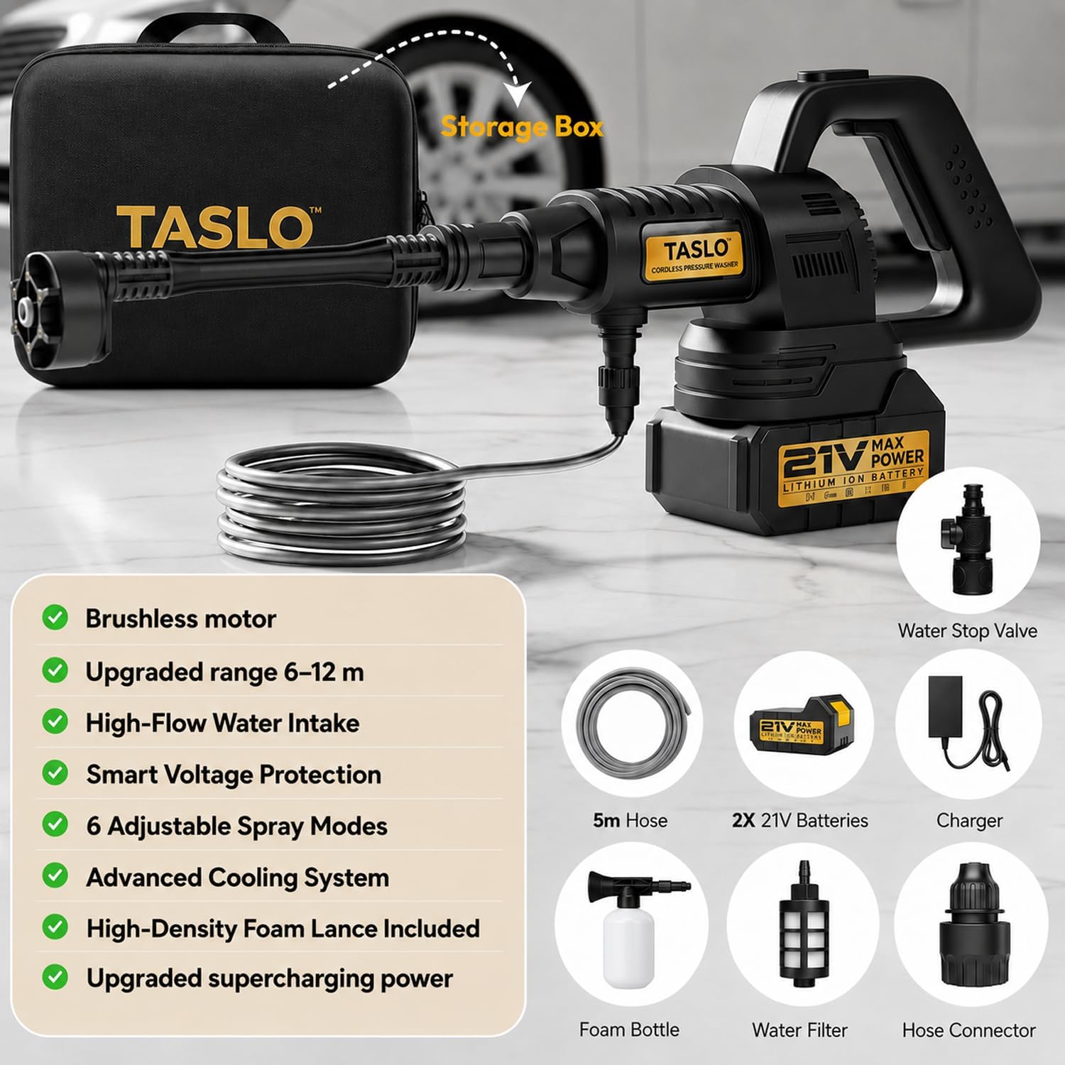 Detalle de Taslo Cordless Pressure Washer with Brushless Motor and 6-in-1 Nozzle
