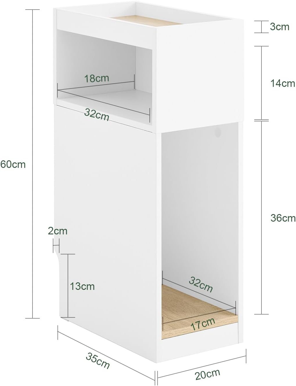 Detalle de SoBuy Lot de 2 Tables de Chevet étroites 20 cm – Chevet avec tiroir réversible et encoche pour plinthe, blanc 20 x 35 x 60 cm, FBT171-WNx2