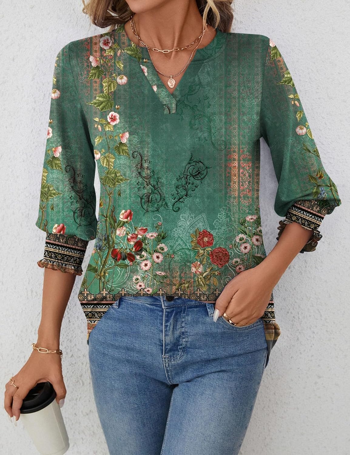 Detalle de Rapbin Damen Bluse mit 3/4-Ärmeln und V-Ausschnitt – luftige Tunika für Sommer, Büro & Freizeit