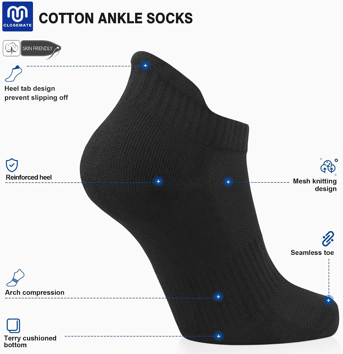 Detalle 2 de CLOSEMATE 7 Pairs Ankle Trainer Socks (cushioned, breathable, non-slip tab) in white