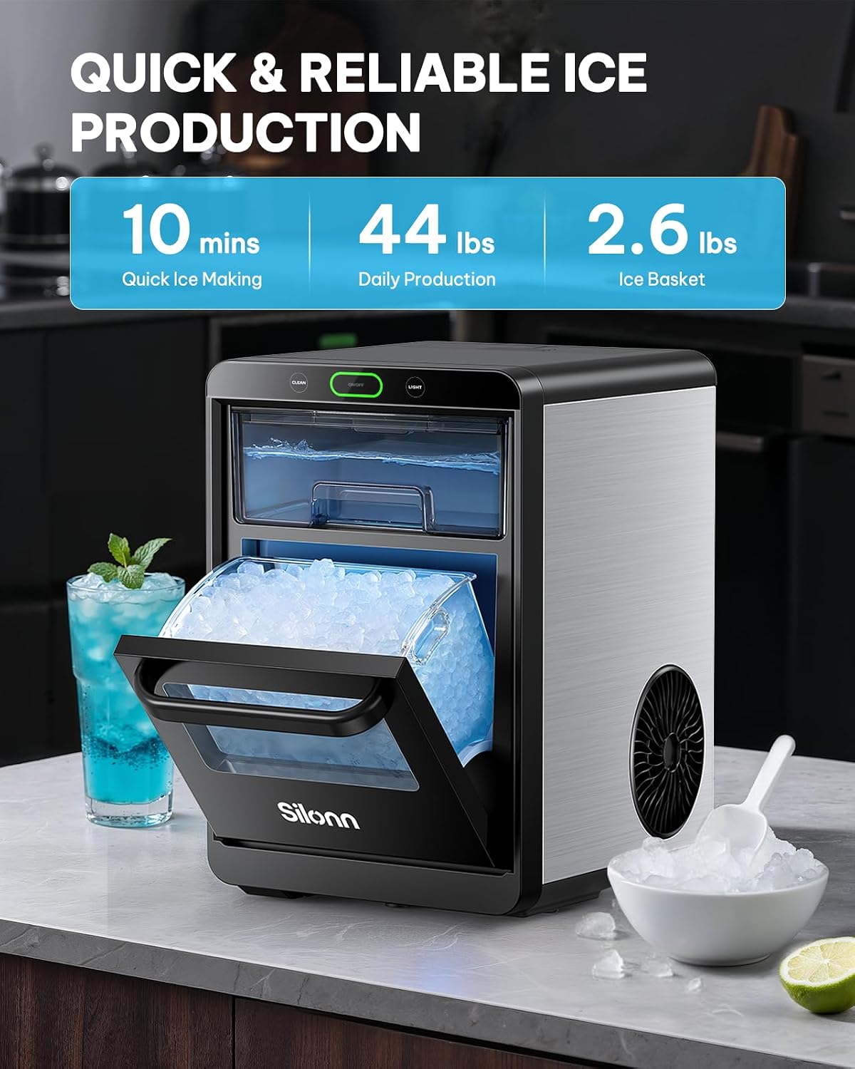 Detalle 2 de Silonn Nugget Ice Maker Countertop, 44 lb/24h Pebble Ice Machine