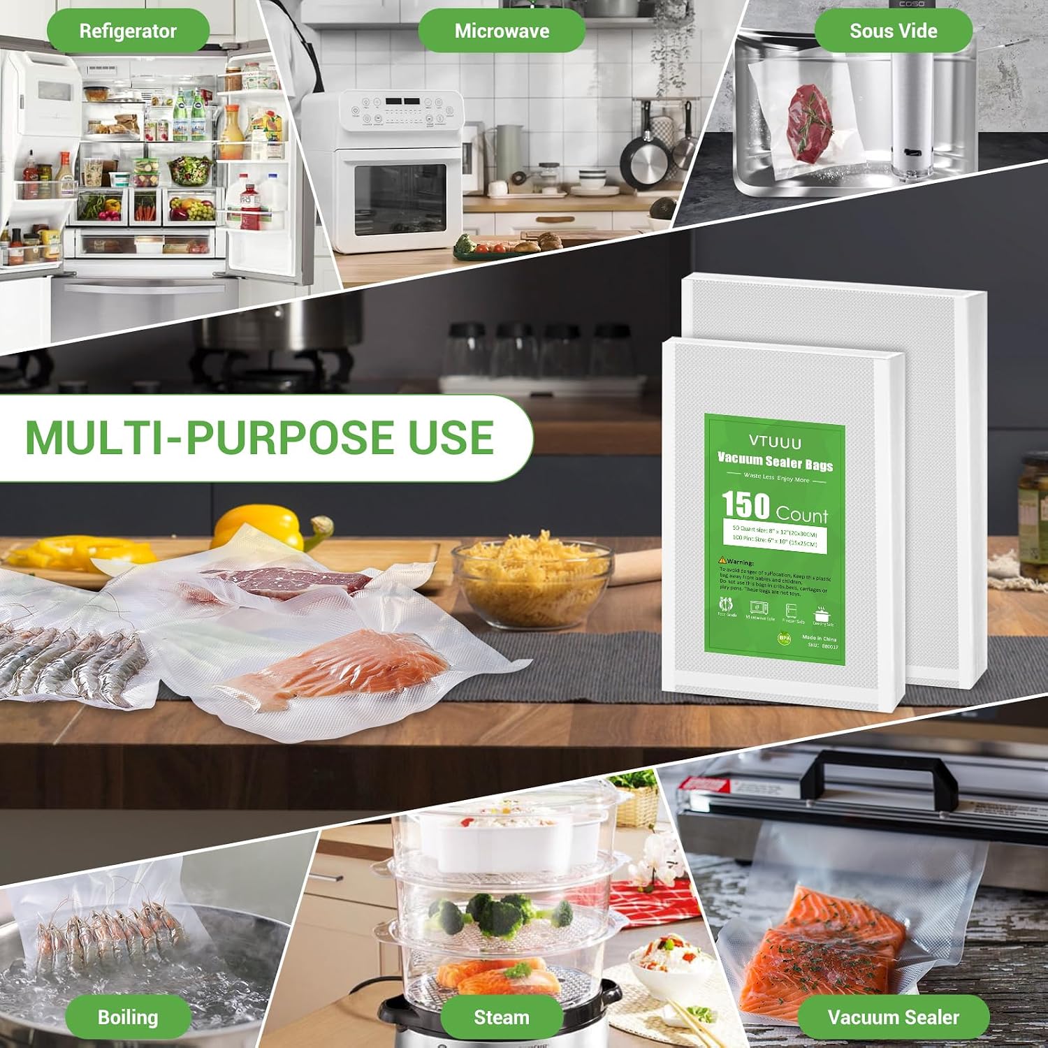 Detalle 1 de VTUUU 88017ca Vacuum Sealer Bags, 150 Pre-Cut Pint and Quart Bags