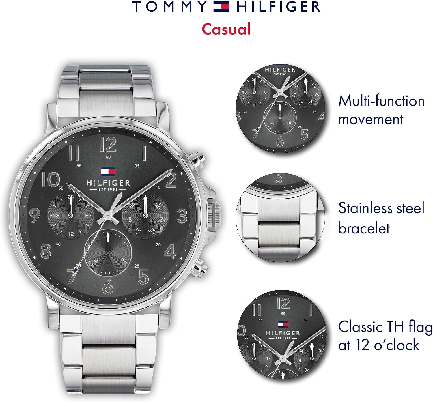 Detalle de Tommy Hilfiger Multi Zifferblatt Quarz Uhr für Herren – Edelstahl- oder Lederarmband, 44 mm
