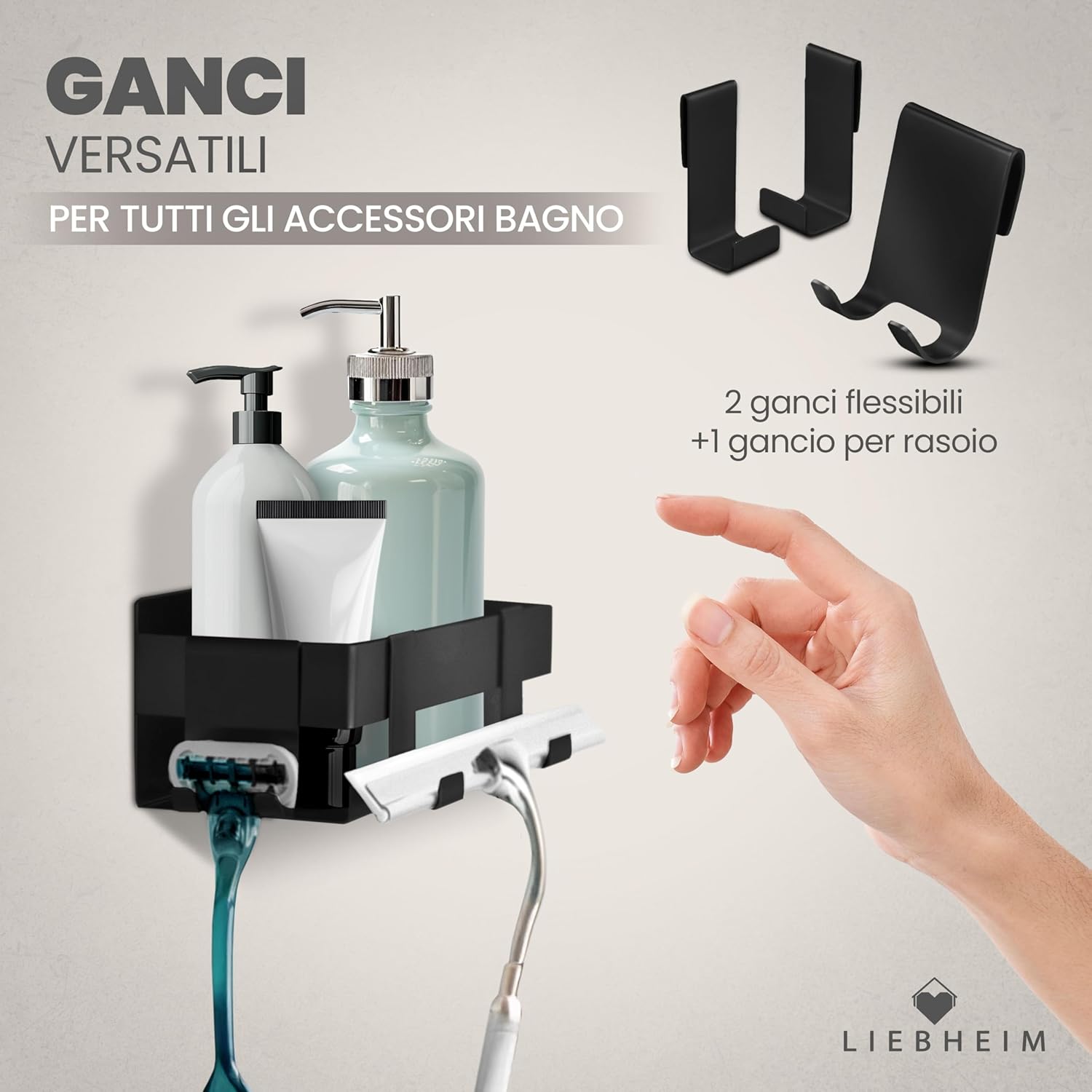 Thumbnail 3 de LIEBHEIM porta sapone da doccia con mensola adesiva in alluminio nero