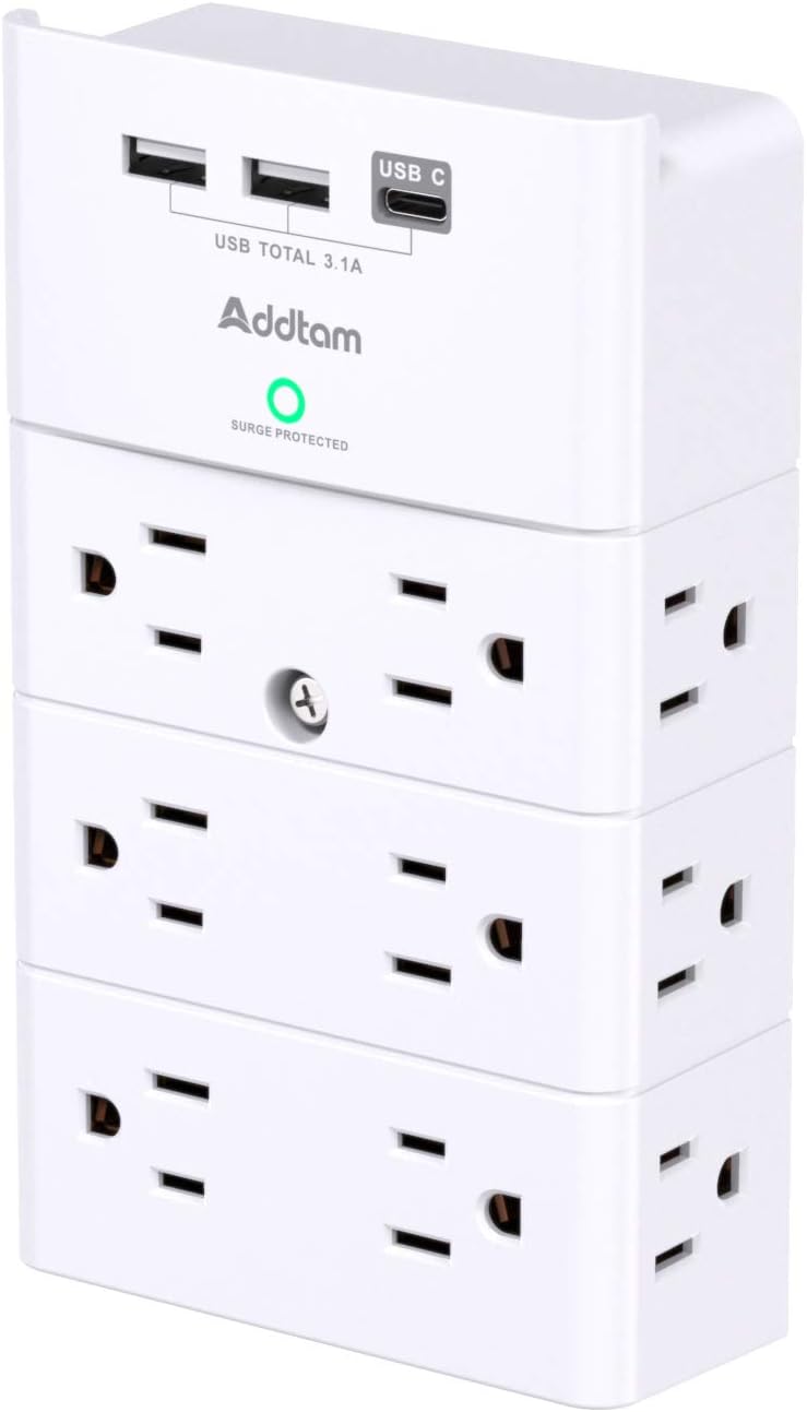 Detalle de Addtam AD5008 Wall Outlet Extender, 12 AC Outlets and 3 USB Ports
