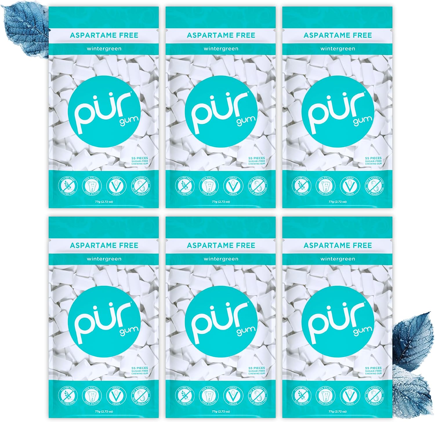 Detalle de PUR Gum Peppermint – Chewing-Gum sans sucre au xylitol, végan, sans gluten et sans ASPARTAME, 55 pièces (lot de 3)