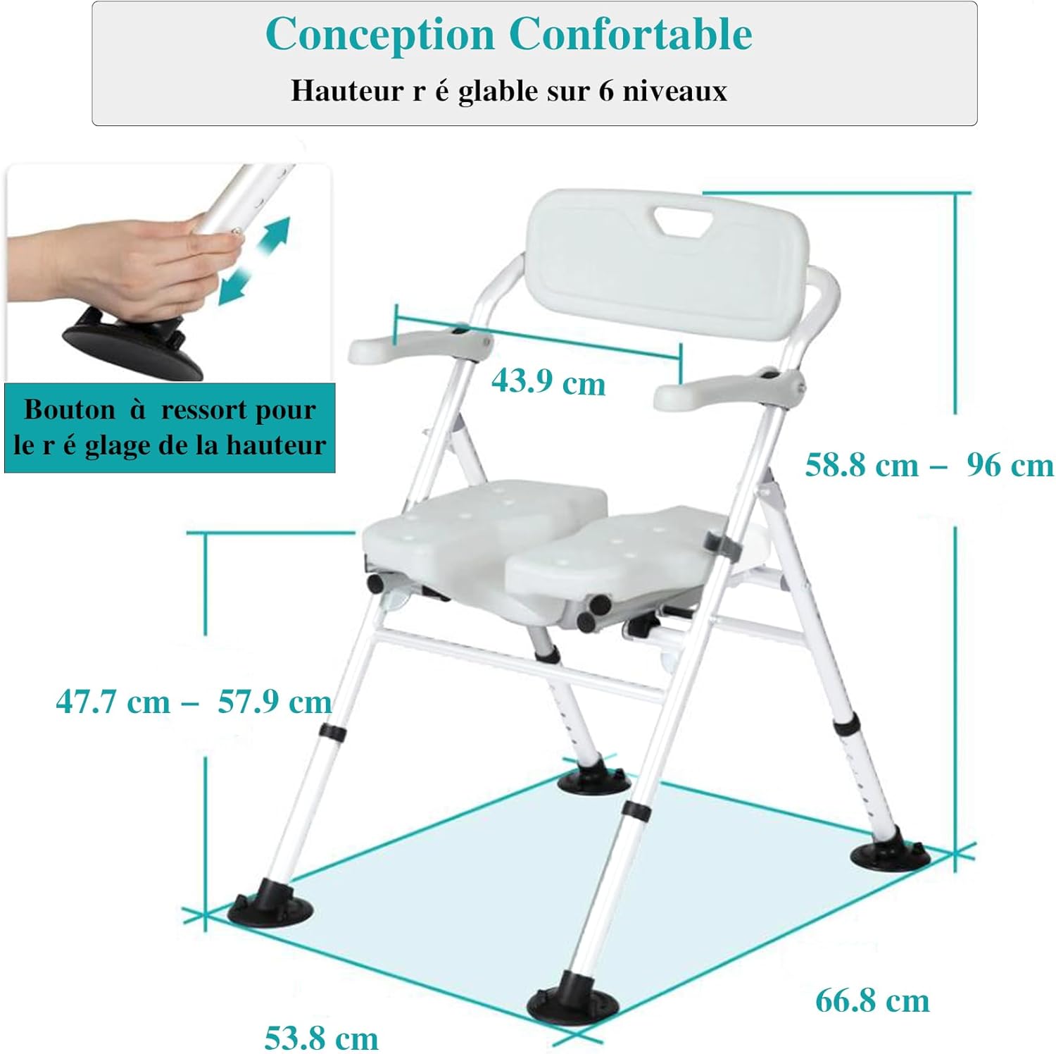 Detalle 2 de Chaise de douche pliable antidérapante pour seniors (tabouret de douche réglable en hauteur)