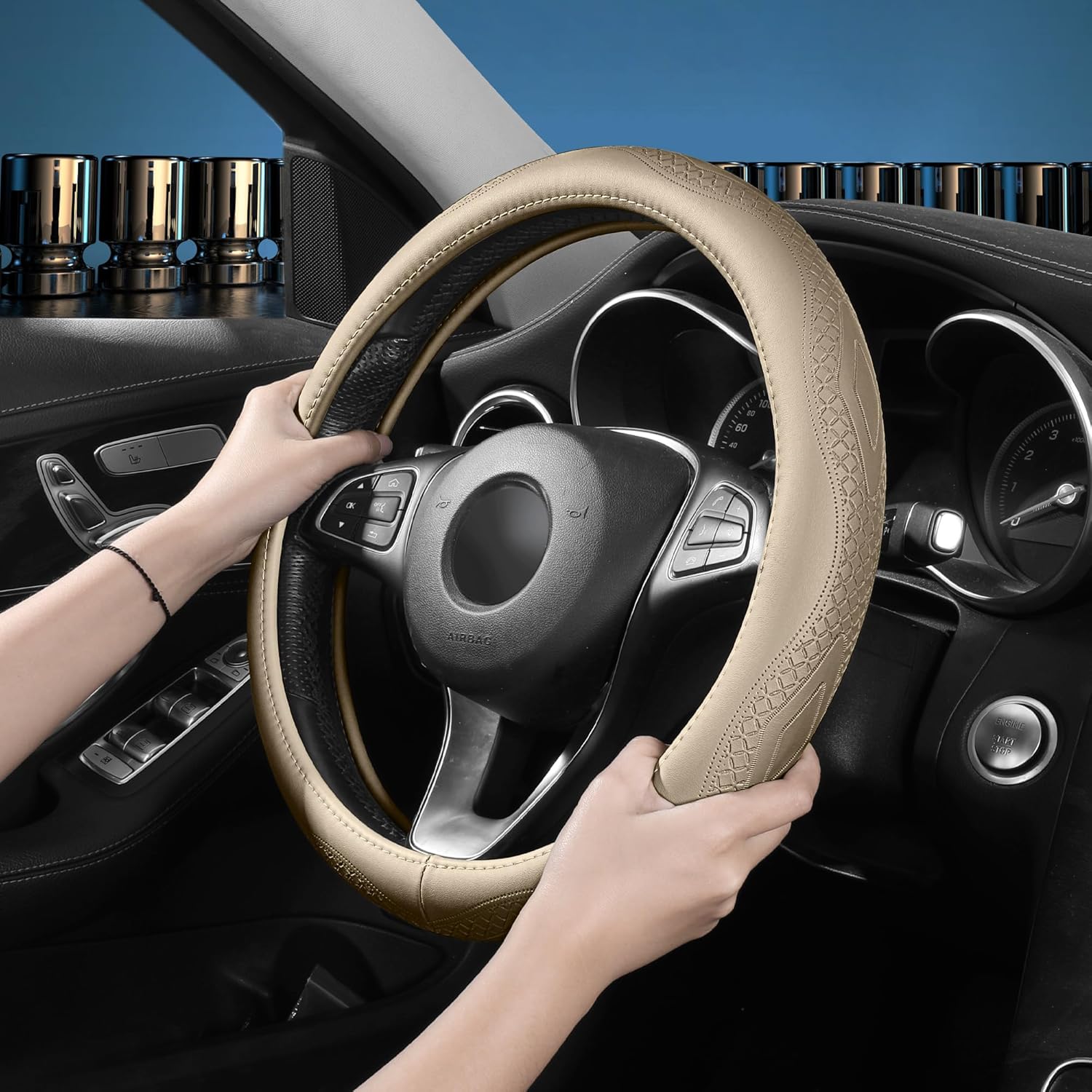 Thumbnail 1 de Menifomory Genuine Leather Cowhide Steering Wheel Cover (Soft SUV Cover, Universal 15 inch fit) – C-Beige