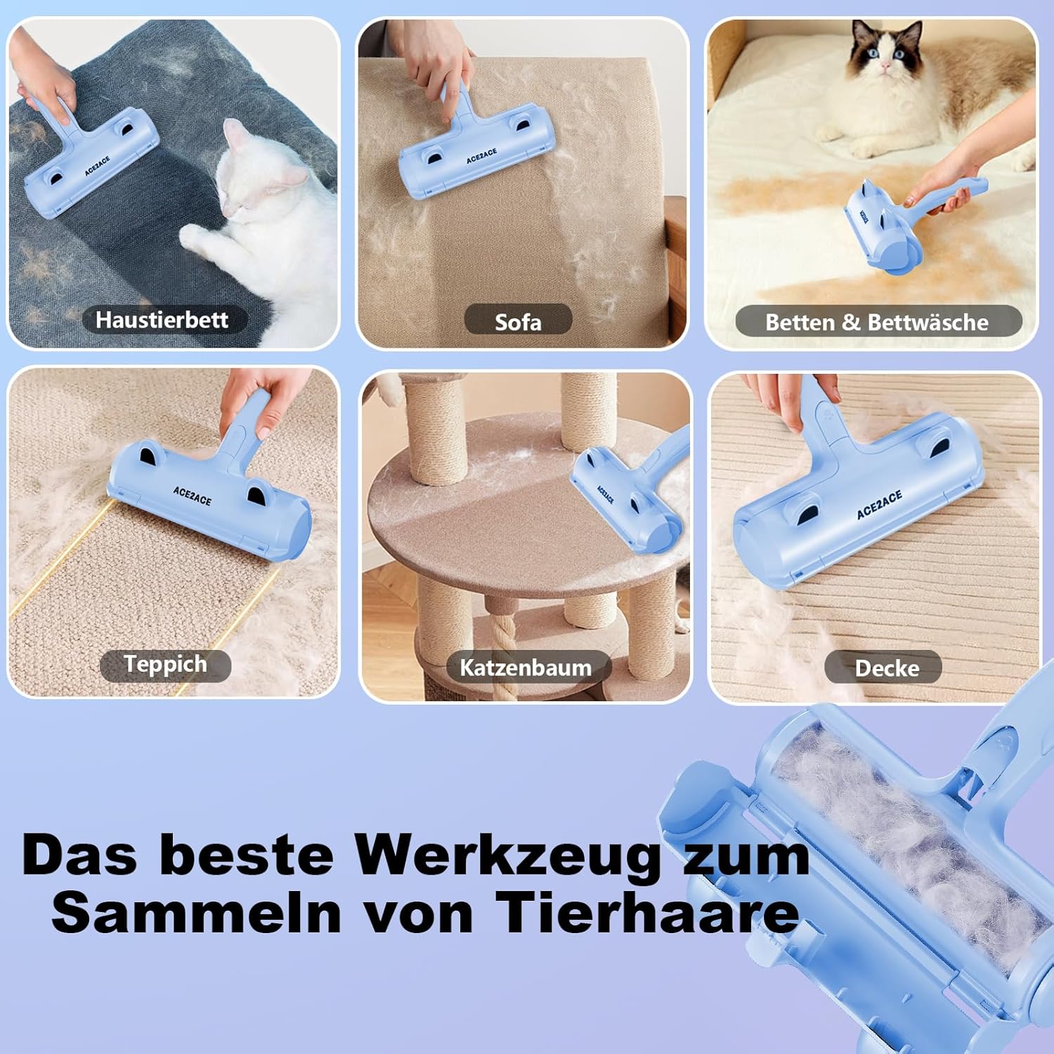 Detalle 2 de ACE2ACE Fusselrolle für Tierhaare (Tierhaarentferner) – für Sofa, Bett, Teppich & Kratzbaum, Baby blau