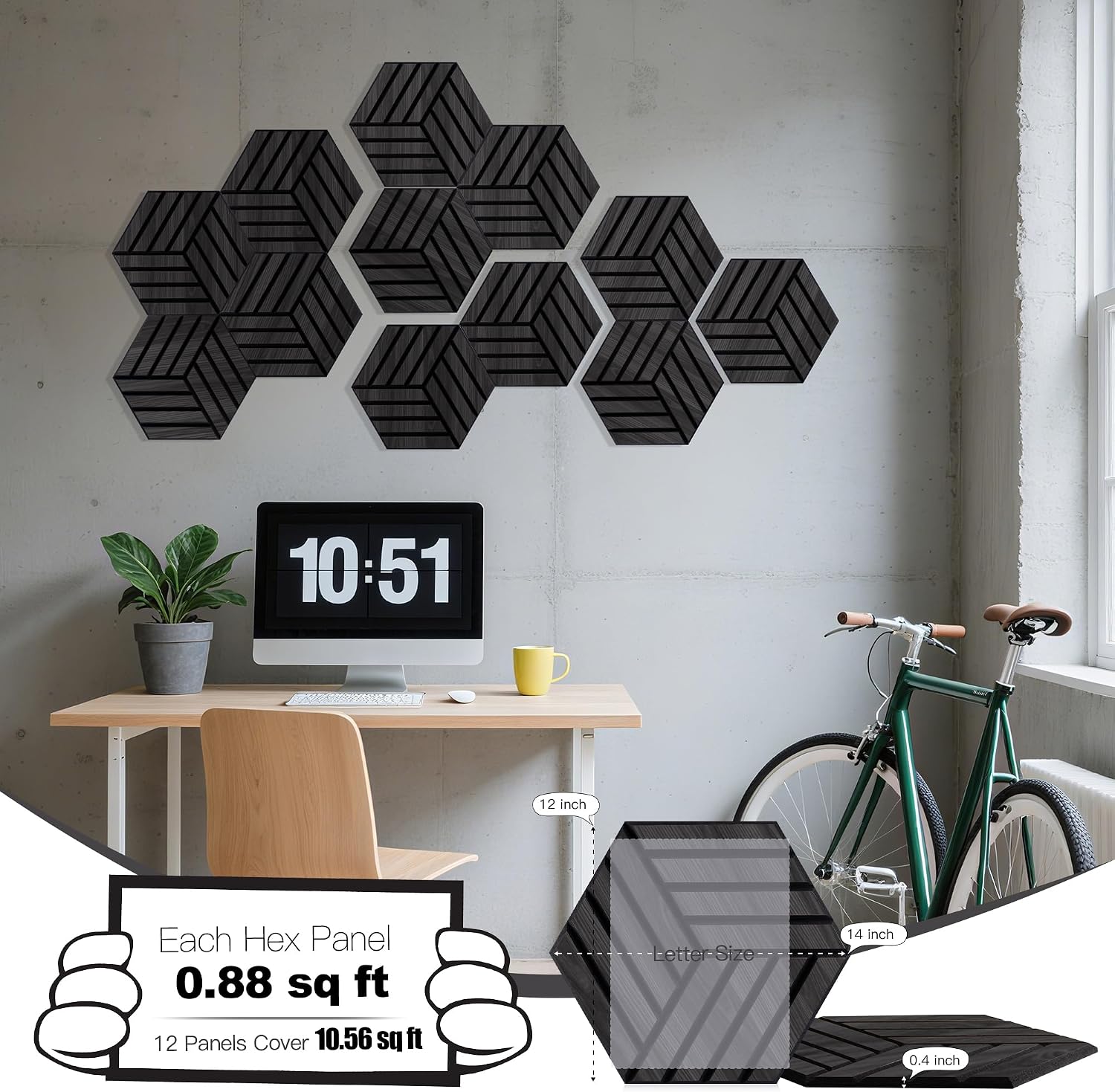 Thumbnail 1 de Mollywell Black Oak Hexagon Acoustic Panels, Self-Adhesive, 12 Pack