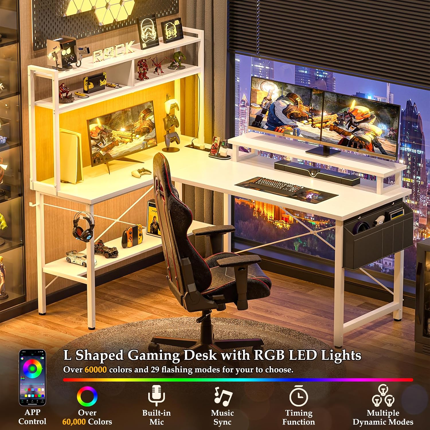 Thumbnail 2 de iSunirm L-Shaped Gaming Desk with LED Lights and Power Outlets