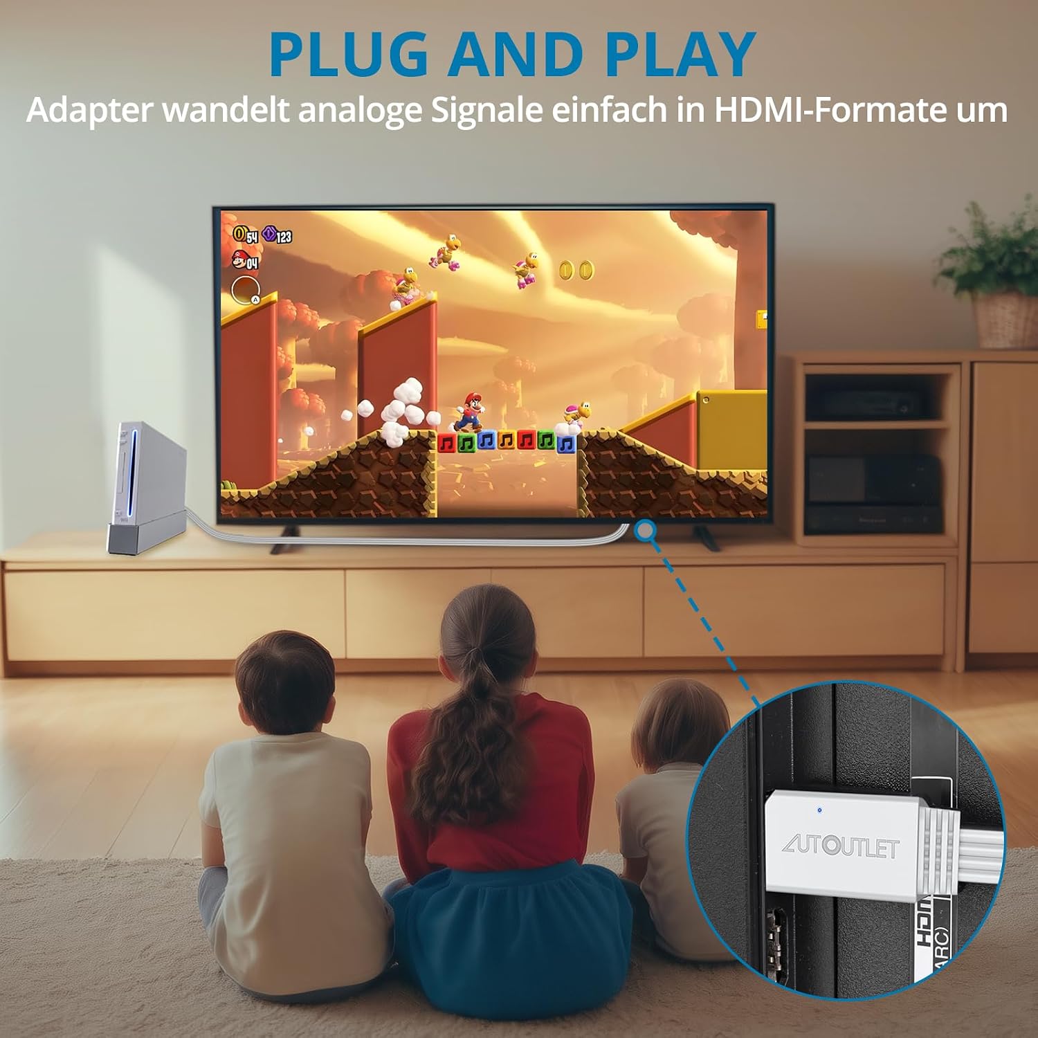 Detalle de AUTOUTLET Wii HDMI Adapter – Plug & Play, 150 cm Kabel, 720p/1080p Konverter für Wii