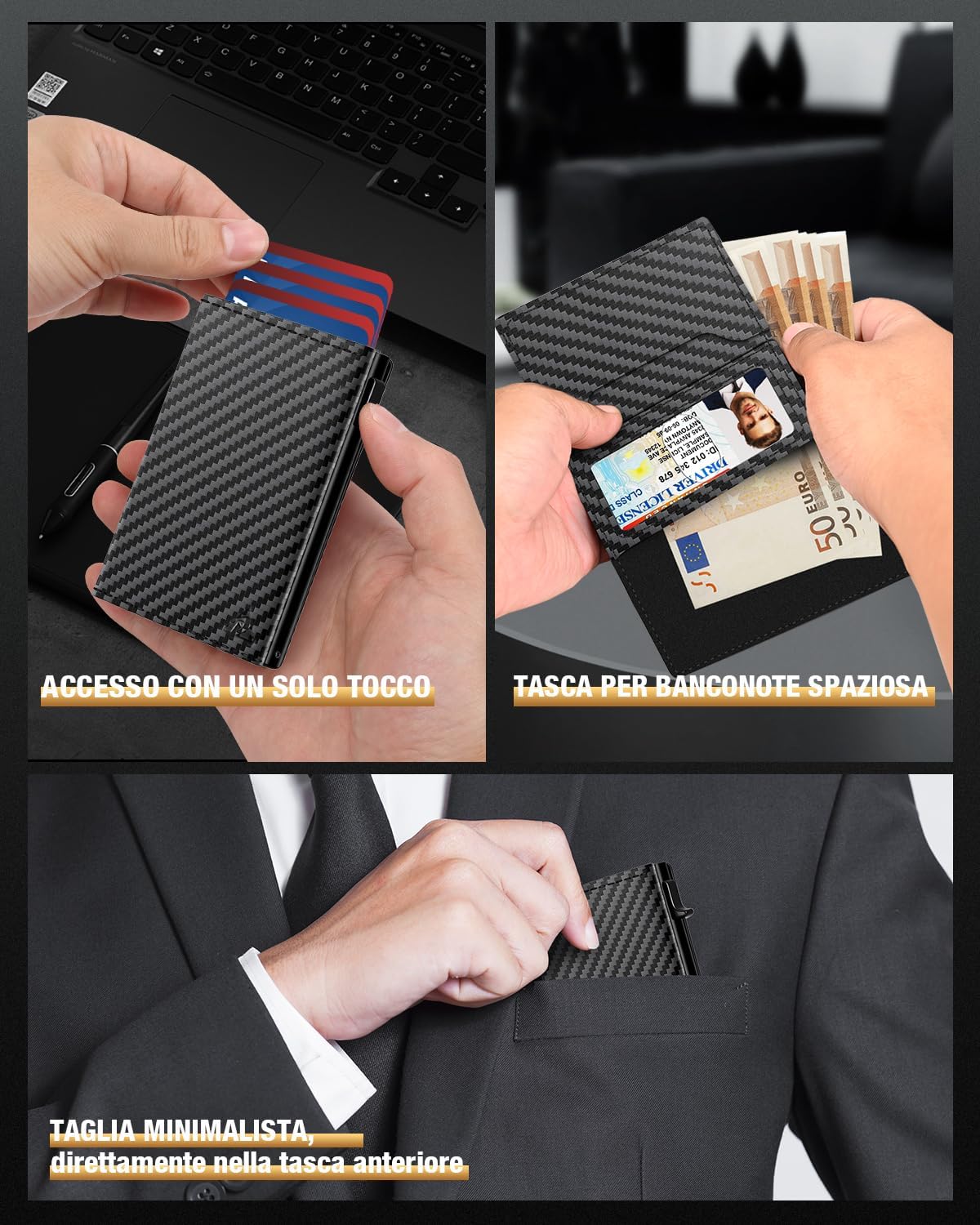 Detalle de Portafoglio Uomo Slim con Chiusura Magnetica, Finestra ID e Protezione RFID – 11 Carte, Portacarte in Pelle con Porta Monete