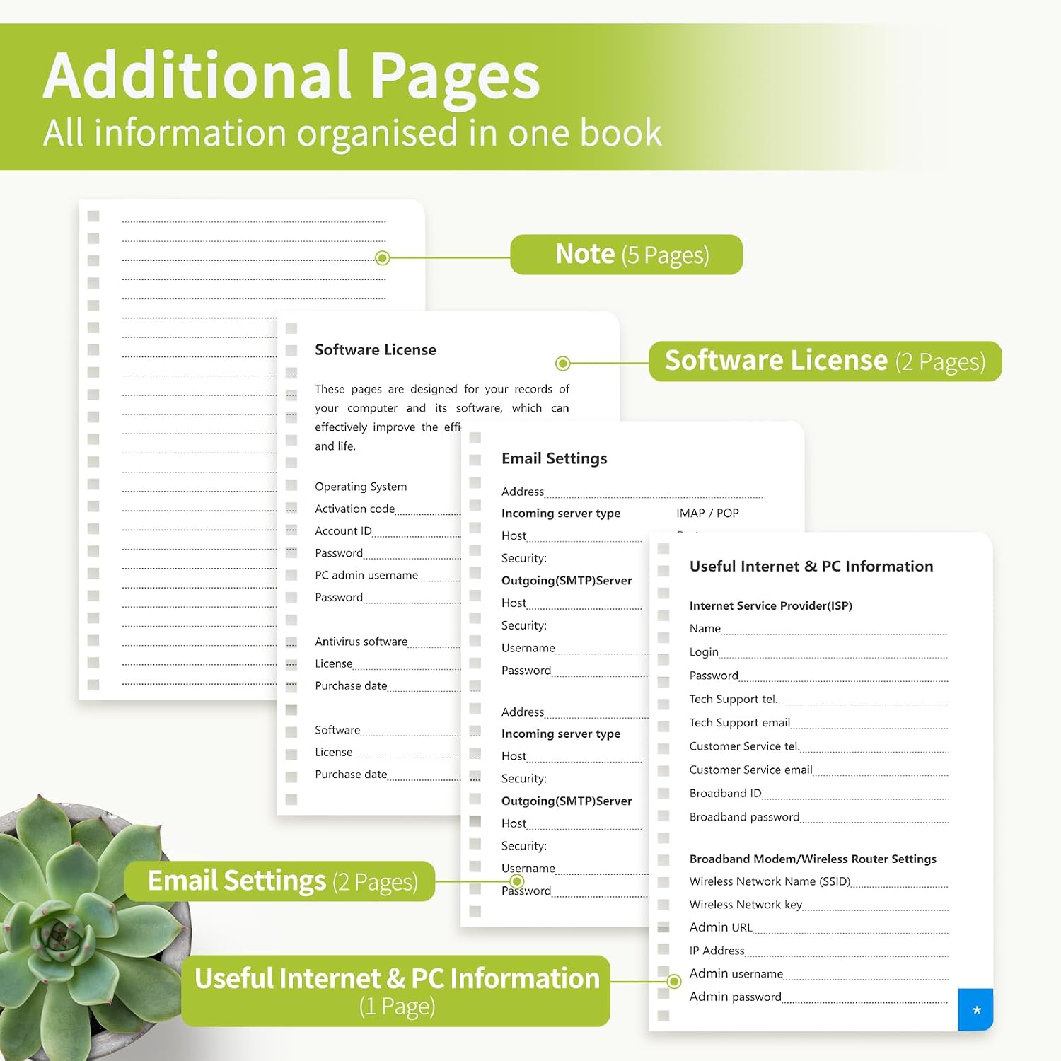 Detalle 1 de Blugool Password Book, 5.7" x 7.7", A-Z Tabs, Spiral Hardcover, GrassGreen