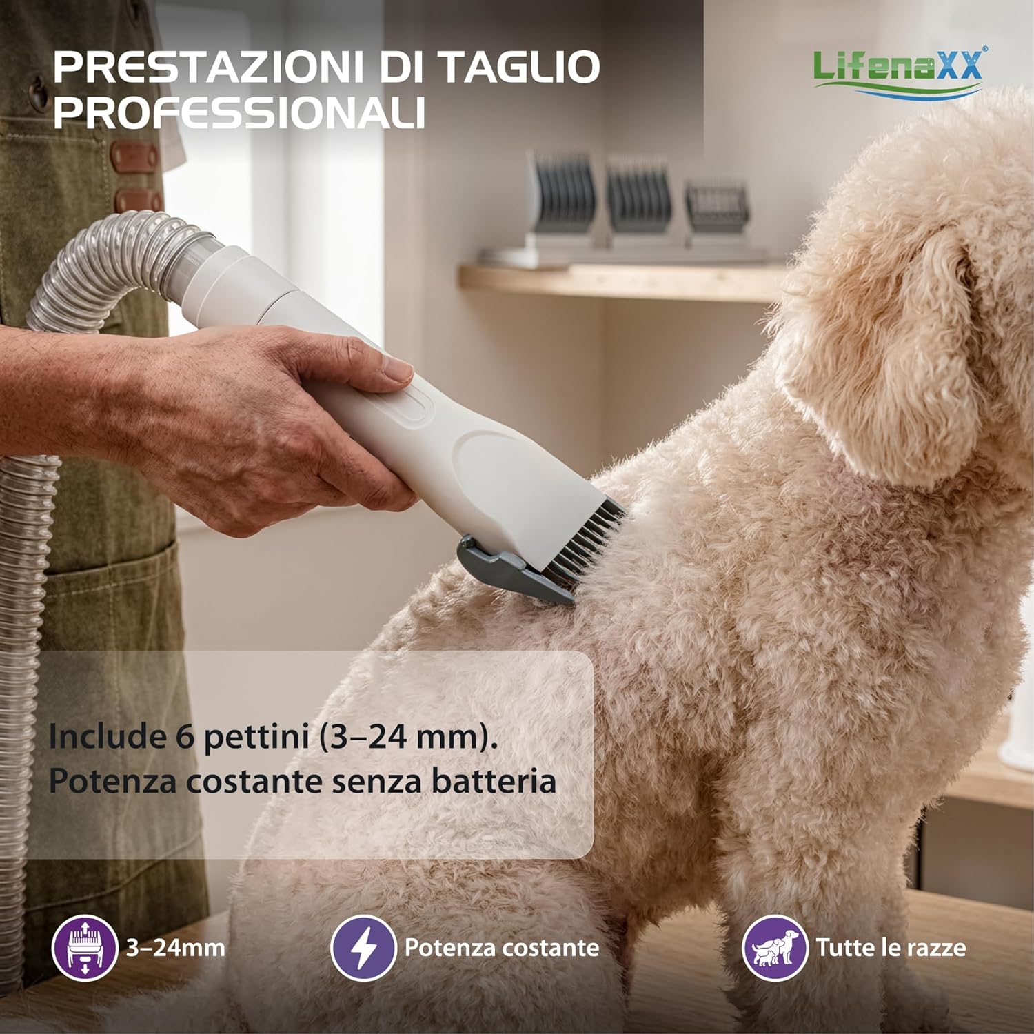 Detalle de Lifenaxx Tosa Animali 6 in 1 con Aspirazione LX-052: kit tosatura silenzioso per cani e gatti