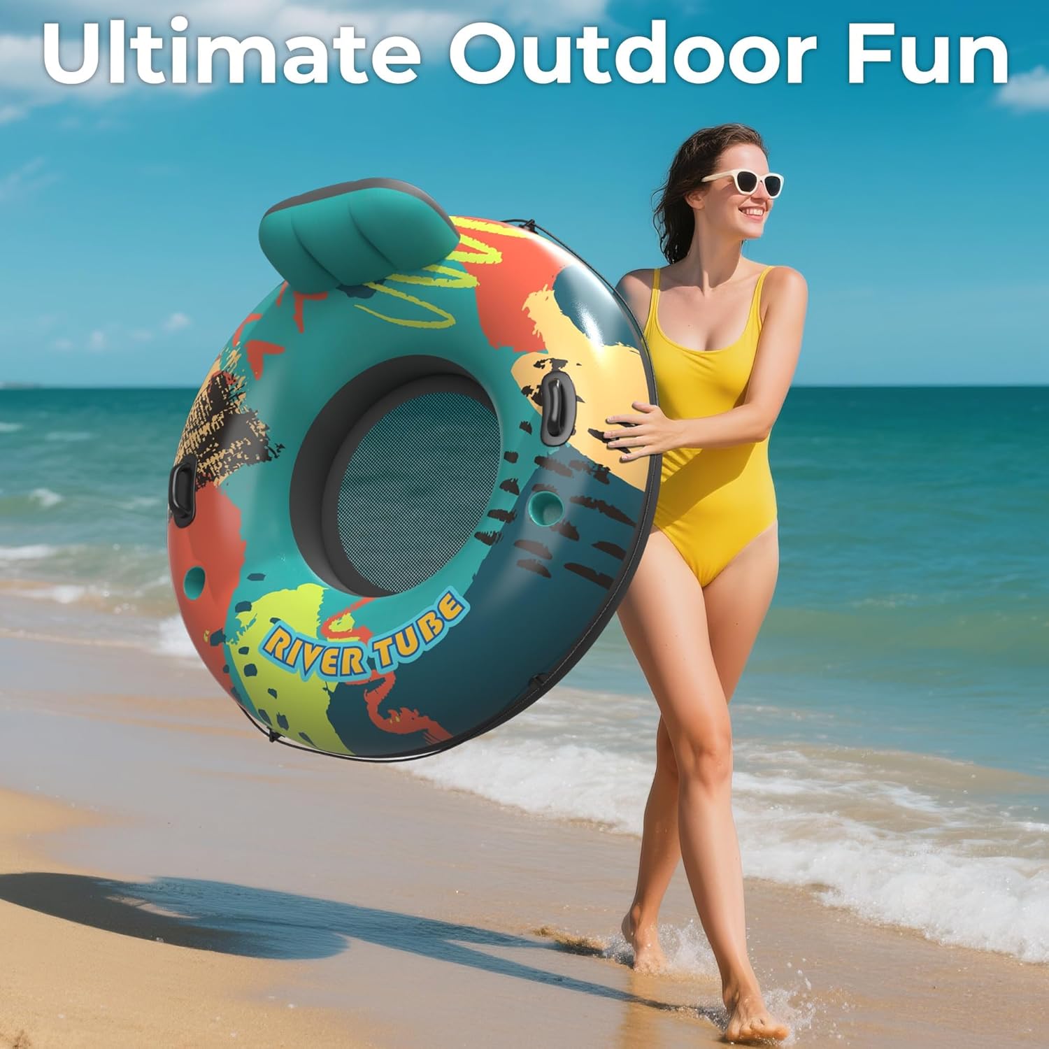 Detalle de 53-Inch Heavy-Duty River Tube Float for Adults with Built-In Cup Holders and Ergonomic Backrest