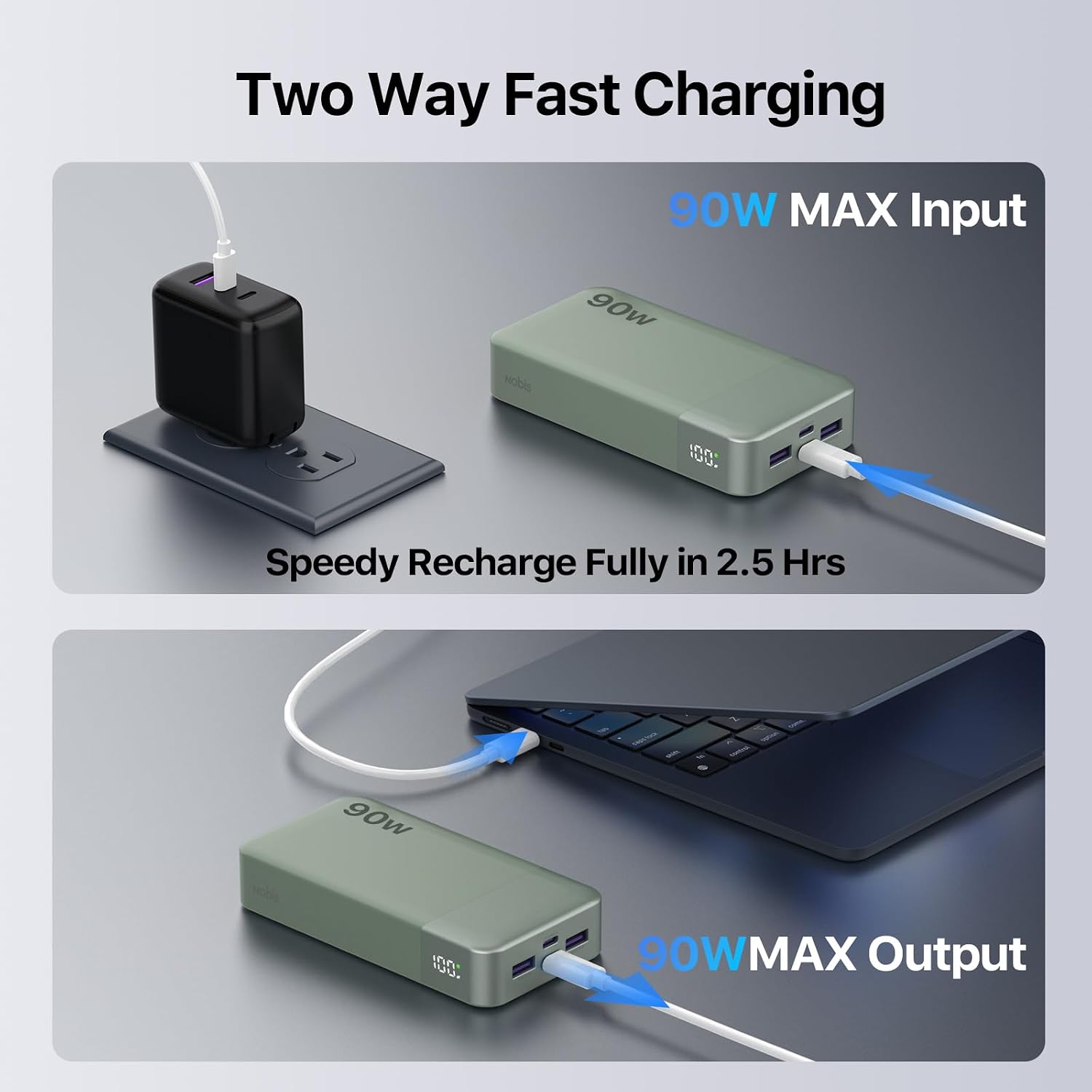 Detalle de NOBIS N2901 90W Power Bank, 20,000mAh with Digital Display and USB-C Cable