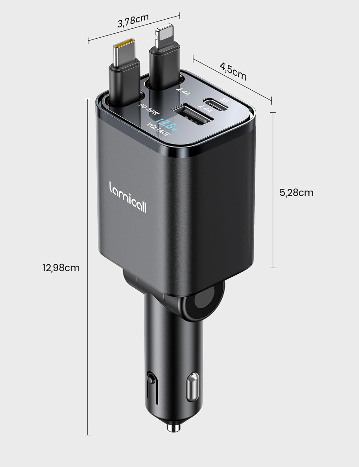 Thumbnail 6 de Lamicall 4-in-1 Zigarettenanzünder USB-C Auto-Ladegerät (69W) mit einziehbarem Kabel und Spannungsanzeige