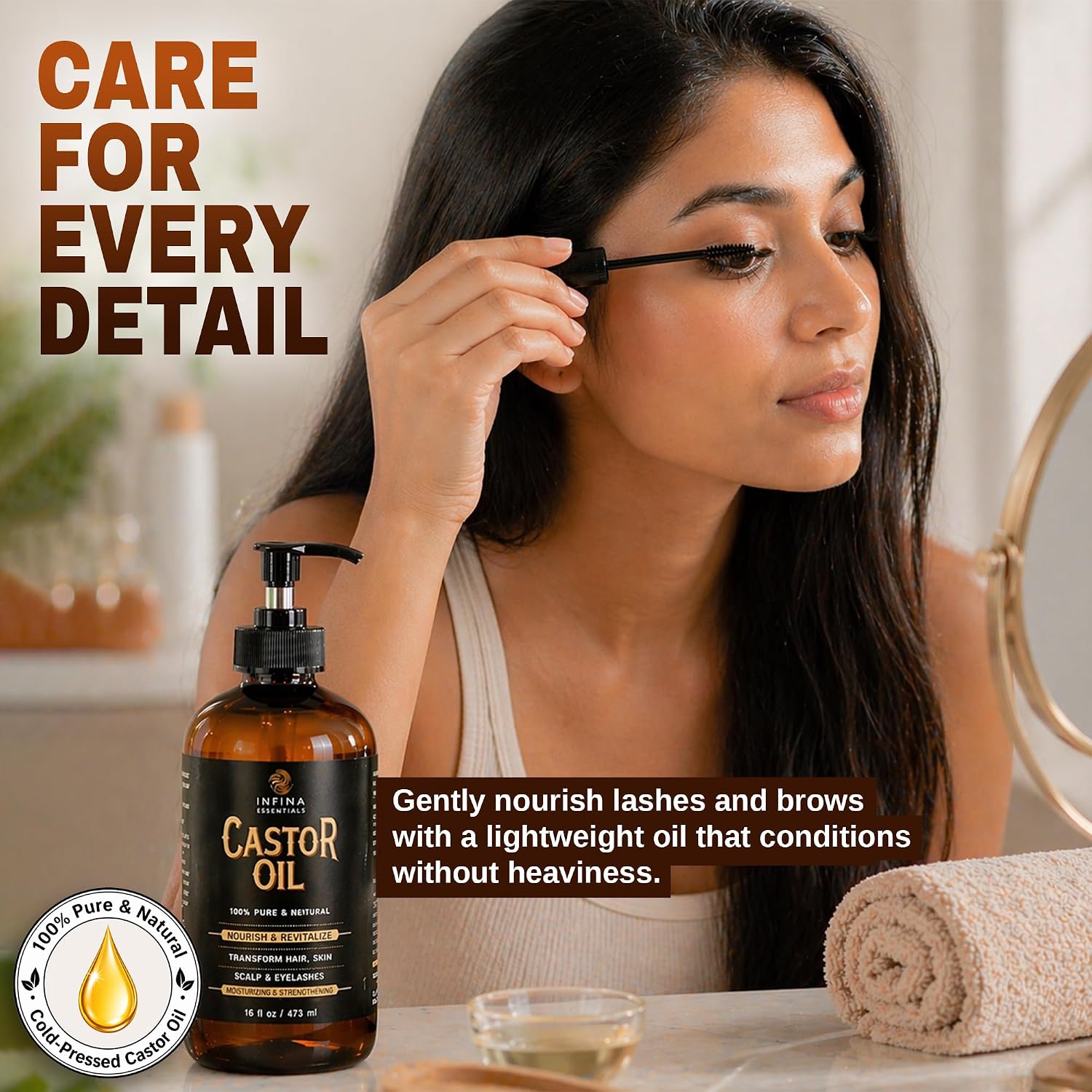Detalle de INFINA ESSENTIALS Pure Cold Pressed Castor Oil (Hexane Free) — 16 fl oz Glass Bottle for Hair, Scalp, Skin & Eyelashes