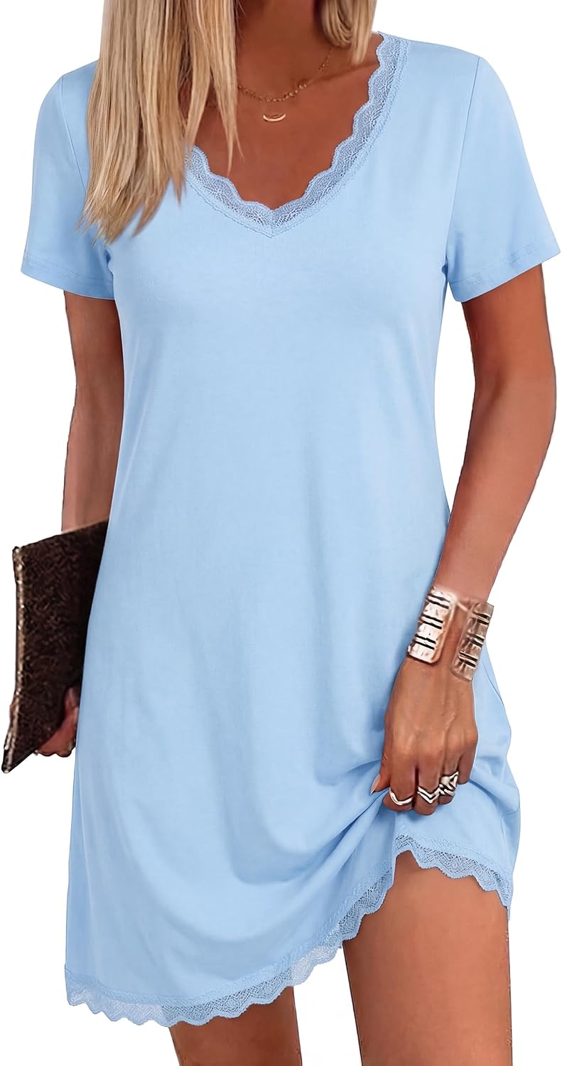 Thumbnail 6 de Bresdk Chemise de nuit femme manches courtes avec dentelle et col V