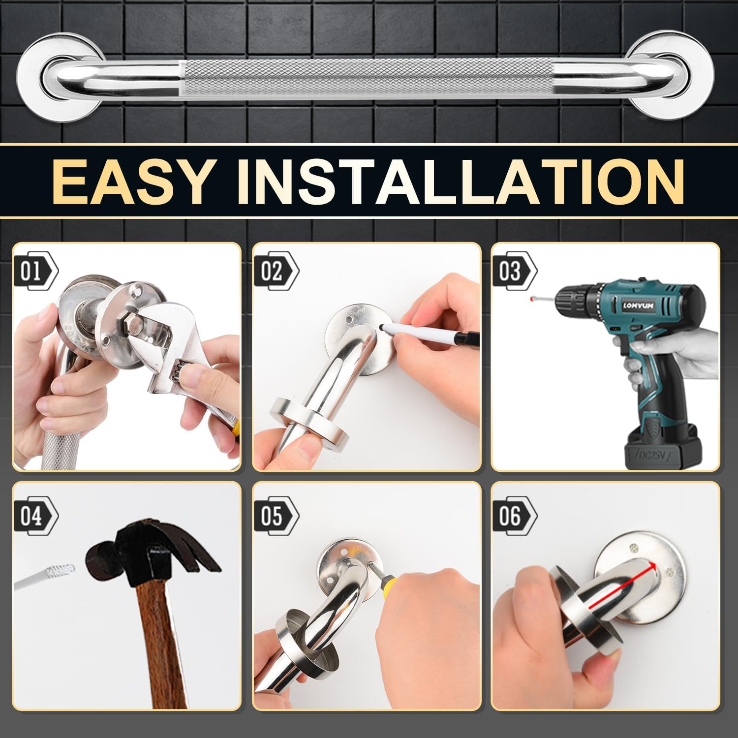 Thumbnail 6 de supregear Bathroom Grab Bar badkamersteunrail van 30 cm, antislip RVS 304