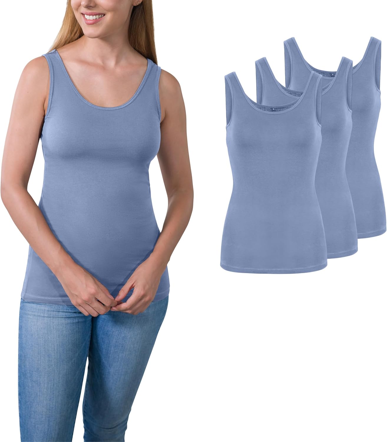 Thumbnail 6 de HRM Lot de 3 débardeurs Femme — Top basique en coton 95% avec 5% Lycra, col en U, extensible