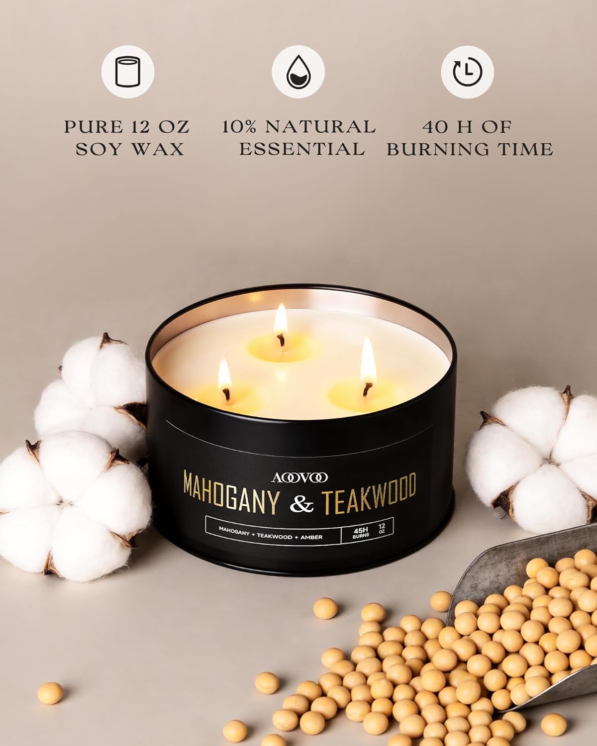 Detalle de AOOVOO Mahogany Teakwood 3-Wick Large Soy Candle (12oz) — Rich, Masculine Home Fragrance
