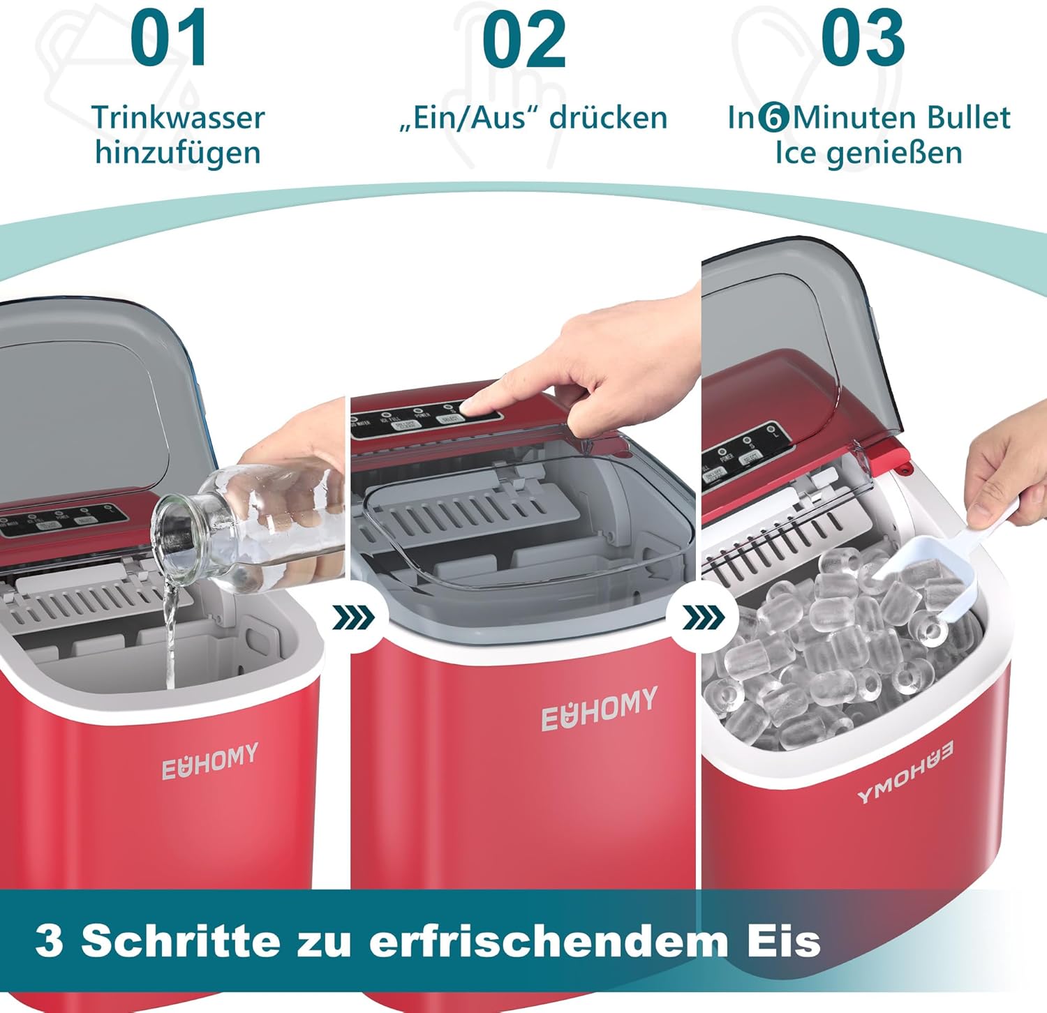 Thumbnail 5 de EUHOMY Eiswürfelmaschine Kleine: 9 Eiswürfel in 6 Minuten, selbstreinigend & tragbar (bis 12 kg/Tag)